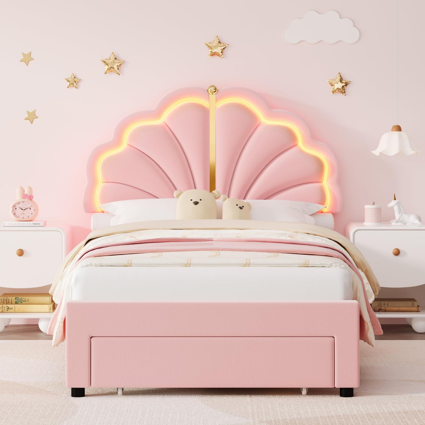 Keyluv Twin Princess Bed Frame with Storage Drawers, Soft Velvet Upholstered LED Platform Bed with Adjustable Cute Shell Headboard, No Box Spring Needed, Noise-Free, Pink