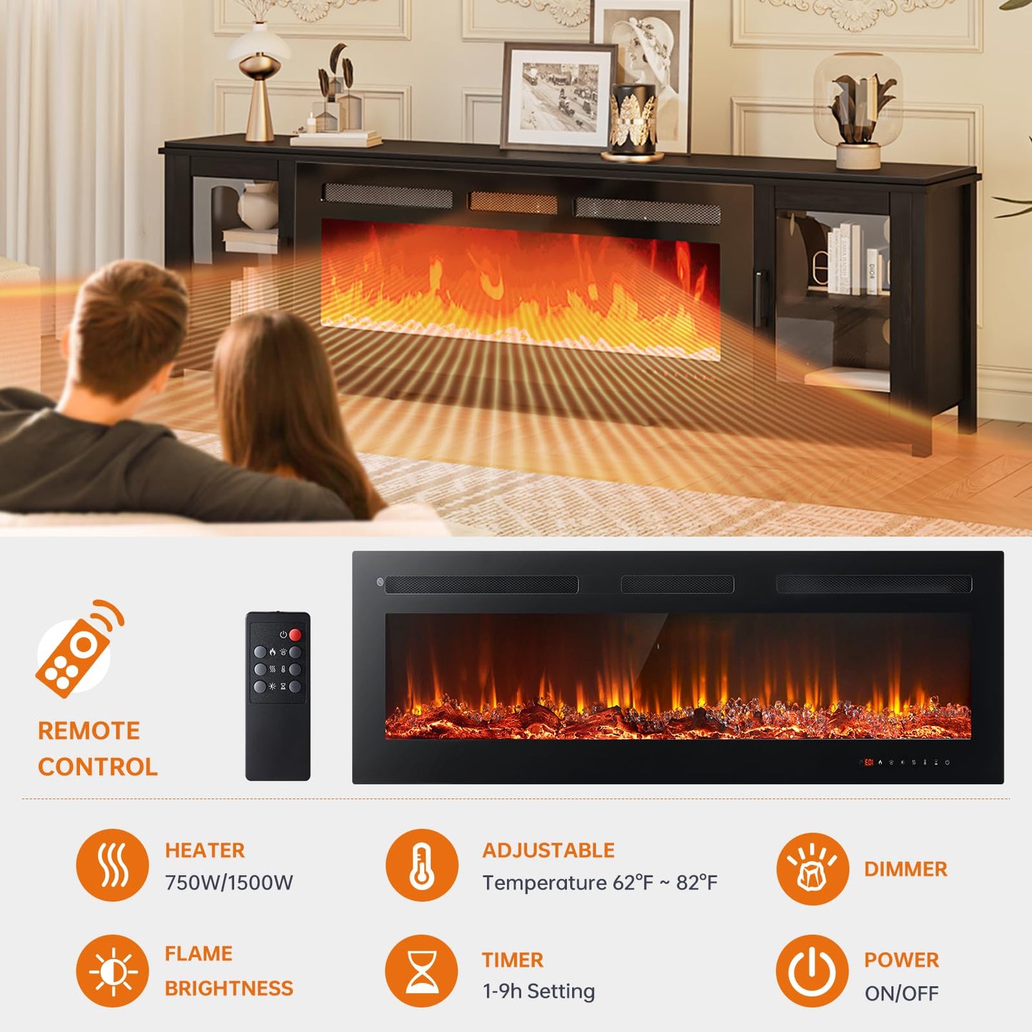 OneBlis 80" Fireplace TV Stand, Modern Entertainment Center with 50" Electric Fireplace for TVs Up to 90", TV Console for Living Room, All Black