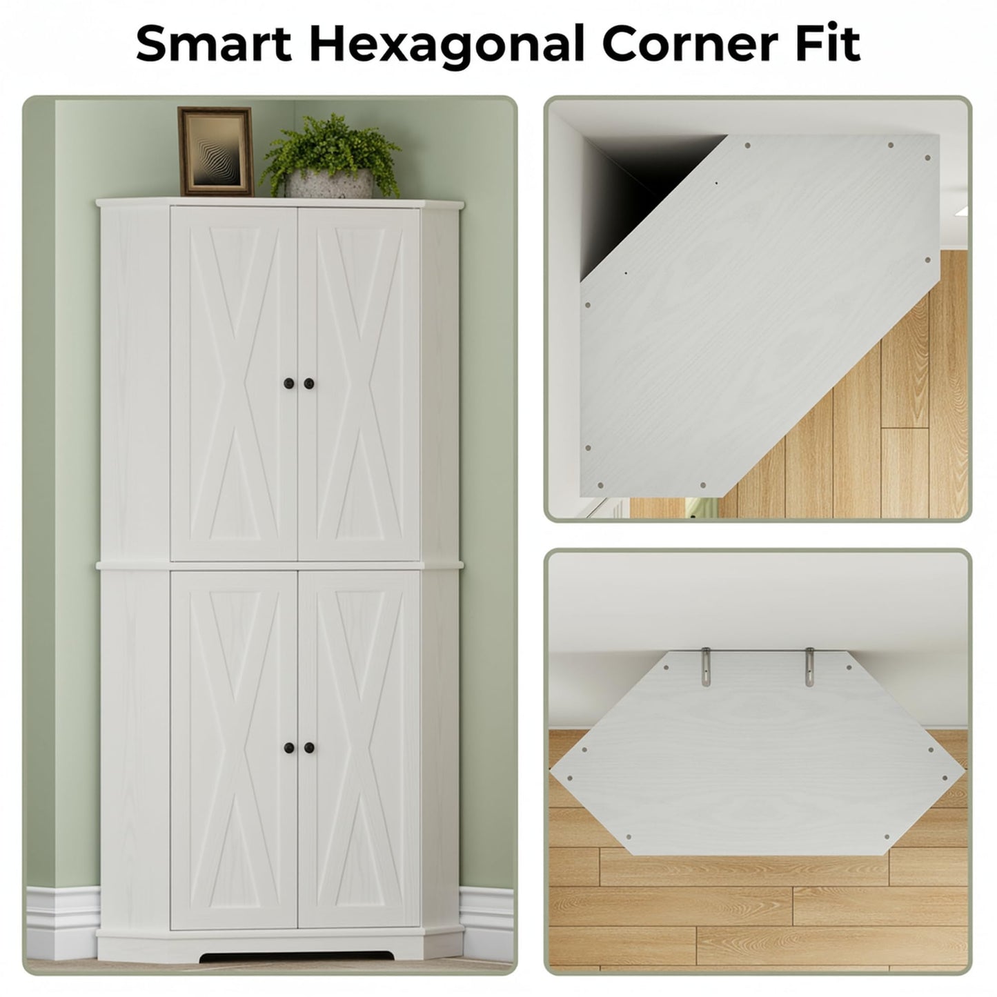 IRONCK Corner Cabinet, 72" H Kitchen Pantry Storage Cabinet, 4 Barn Doors with Storage Rack, 4 Adjustable Shelves, 6-Tier Tall Food Pantry Cabinet, Farmhouse Hutch for Kitchen Dining Room, White
