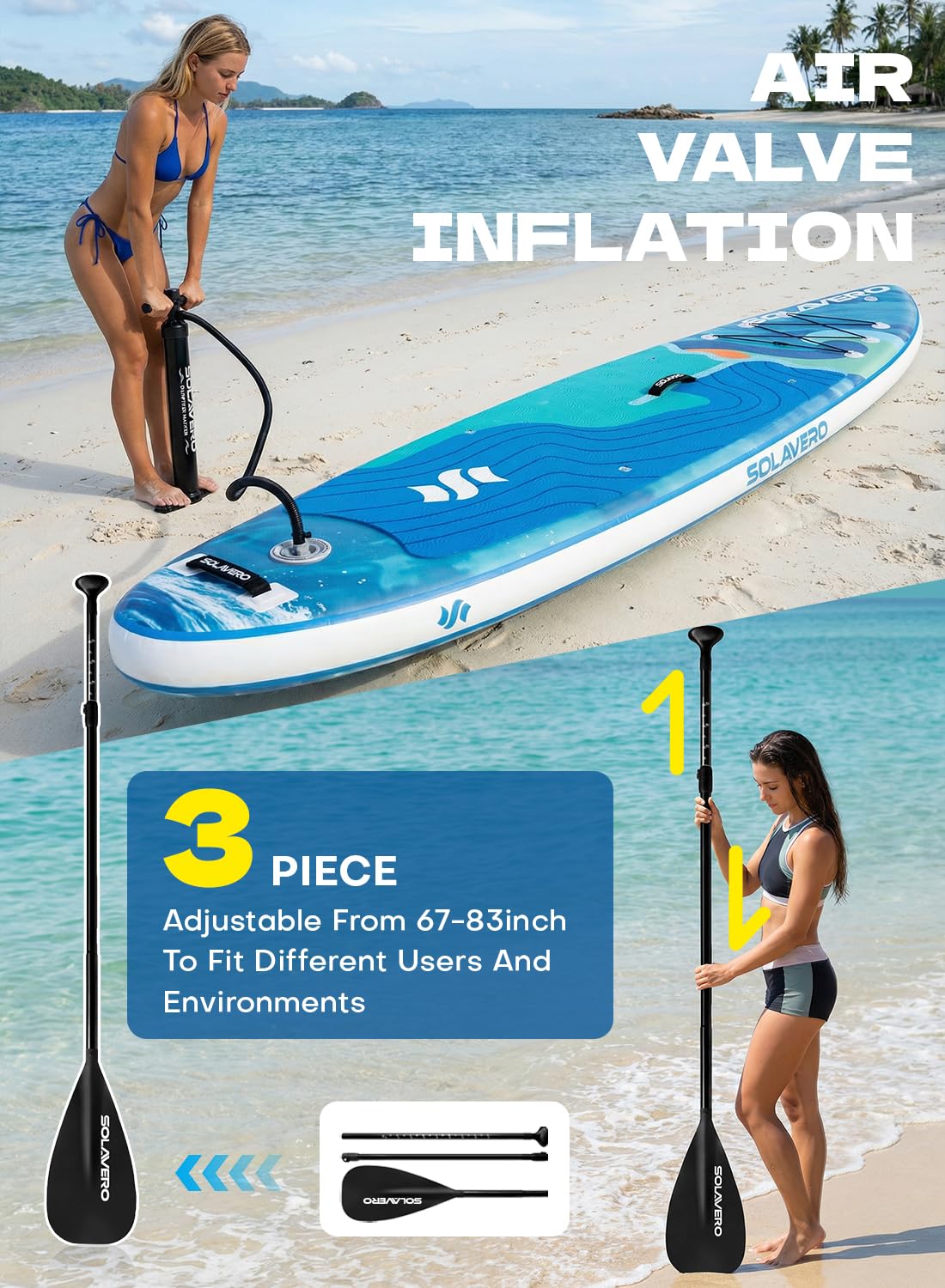 SOLAVERO 11' Inflatable Stand Up Paddle Board with SUP Accessories, Blow Up Paddle Board with Anti-Slip EVA Deck for Adults All Skill Levels, 500lb Capacity