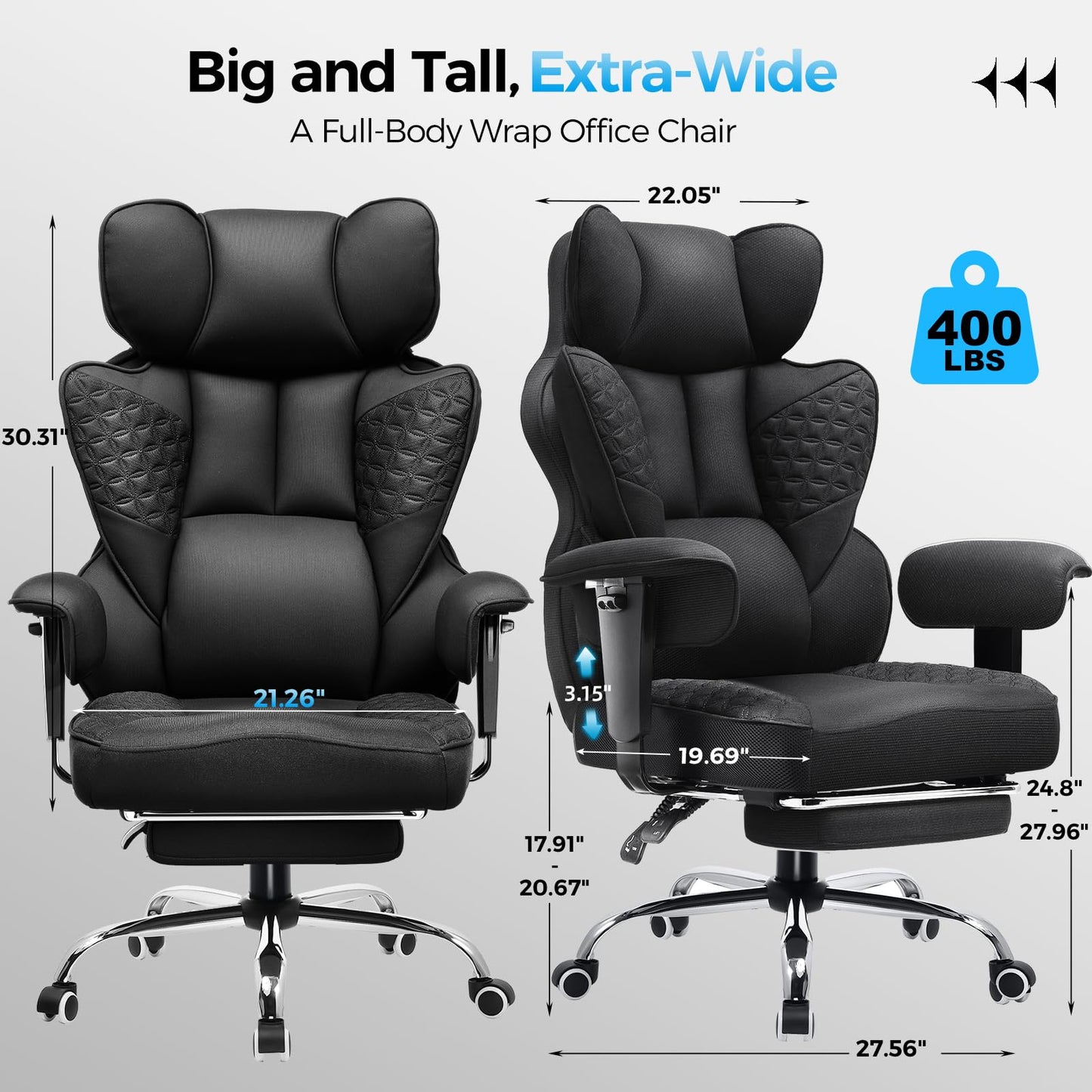 COMHOMA Big and Tall Office Chair Heavy Duty Wide Ergonomic Fabric Deluxe Embossing Designed Gaming Chair with Foot Rest,150°Reclining Adjustable Armrests Pocket Spring Back Support and Pillow