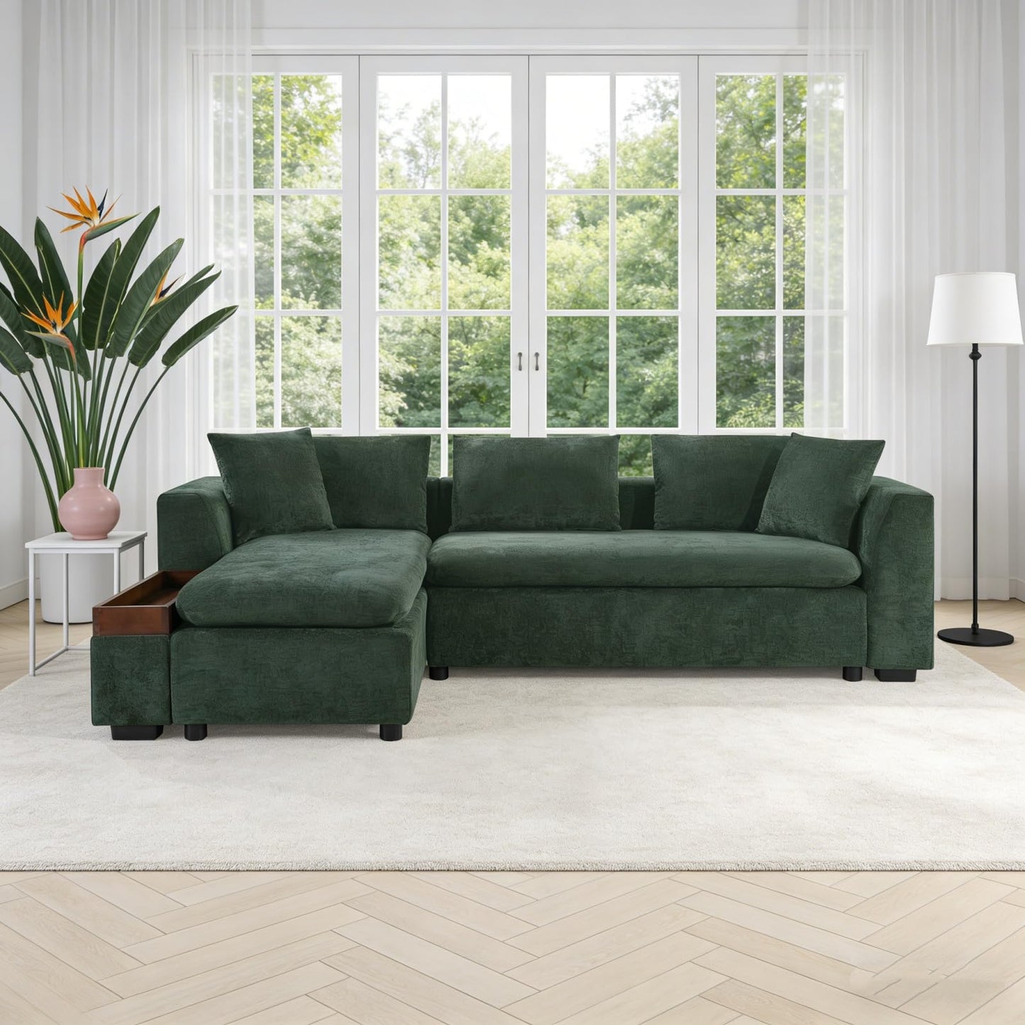 Trygoal 93.7" L-Shaped Sectional Sofa with Storage Chaise, Modern Couch for Living Room, Chenille Upholstered Couch with Deep Seats & Throw Pillows, Modern Corner Sofa for Living Room, Green