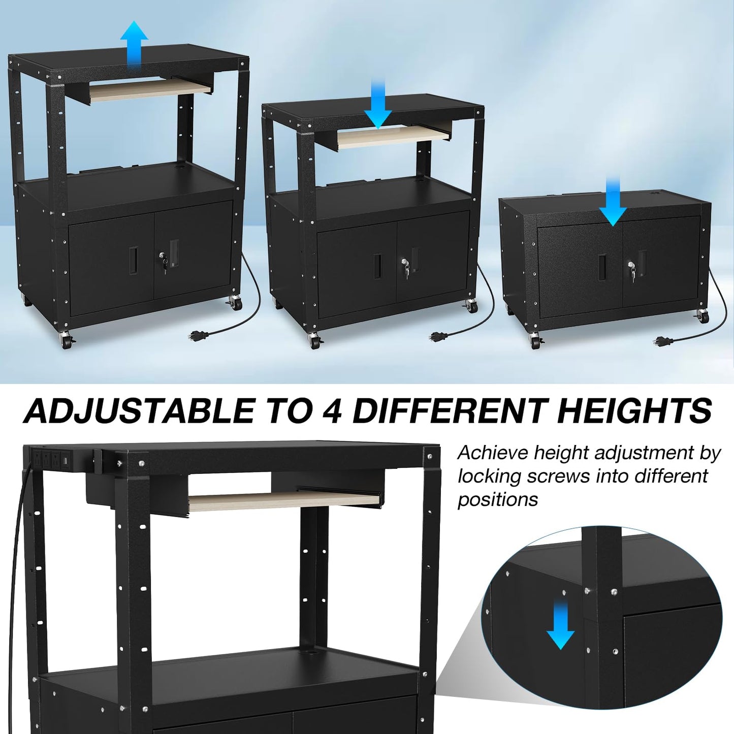 AV Cart, Adjustable-Height Rolling Computer Cart with Charging Station, Steel AV Presentation Cart with Locking Cabine & Keyboard Tray, Multipurpose Utility Cart Mobile Workstation for Office, Black
