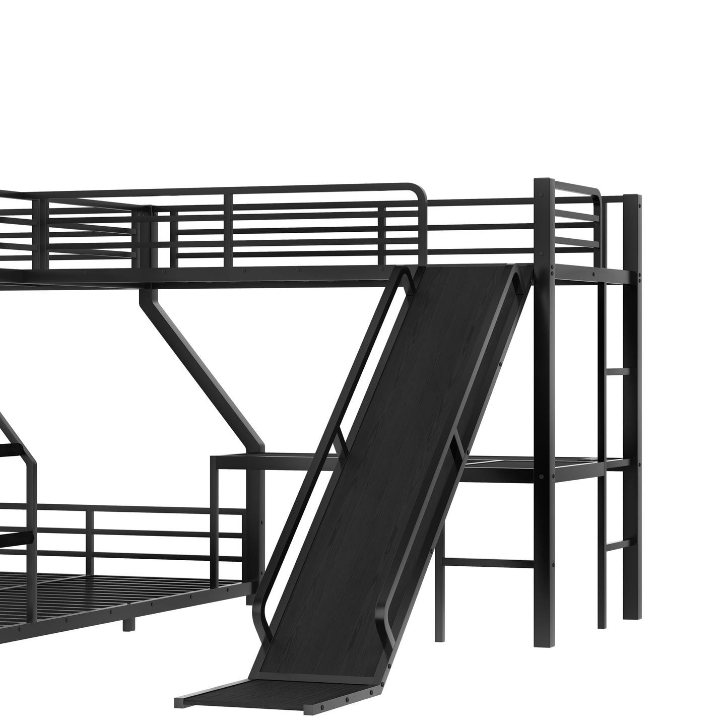 Metal Twin XL Over Queen Bunk Beds with Twin Loft Beds, Heavy Duty Triple Bunk Bed Frame with Slide and Desk,L-Shaped Triple Bunk Beds with Charging Station for 3 Kids,Black