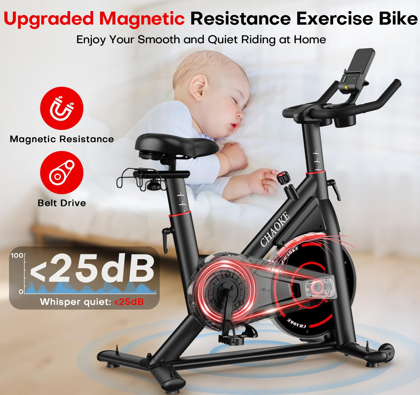 CHAOKE Exercise Bike, Quiet Adjustable Magnetic Stationary Bike for Home Cardio with App Compatible, 350LB Weight Capacity Indoor Cycling Bike with Large Seat, Dumbbell Rack, Pull Cords & LCD Display