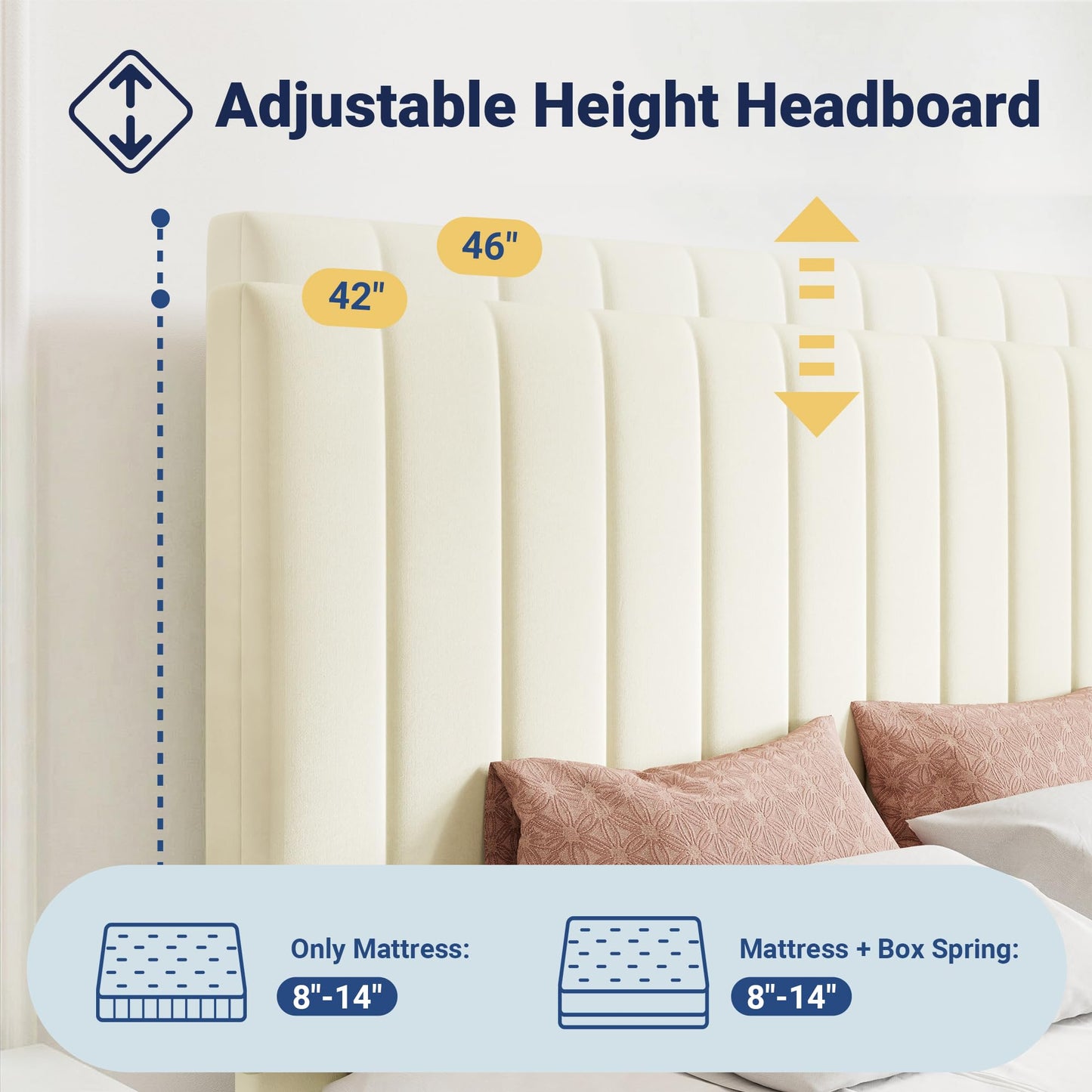 Allewie Queen Size Storage Bed Frame, Vertical Channel Tufted Adjustable Headboard, Velvet Upholstered Platform Bed with 4 Oversized Underbed Drawers, Wooden Slats Support, No Box Spring Needed, Cream