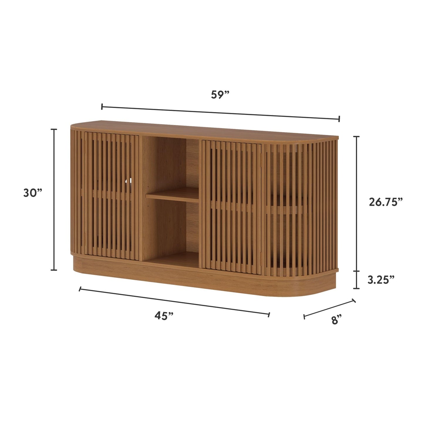 Plank+Beam Contour Wood TV Stand, Two Door Solid Wood Entertainment Console with Storage, 59" L x 16" W x 30" H, Pecan