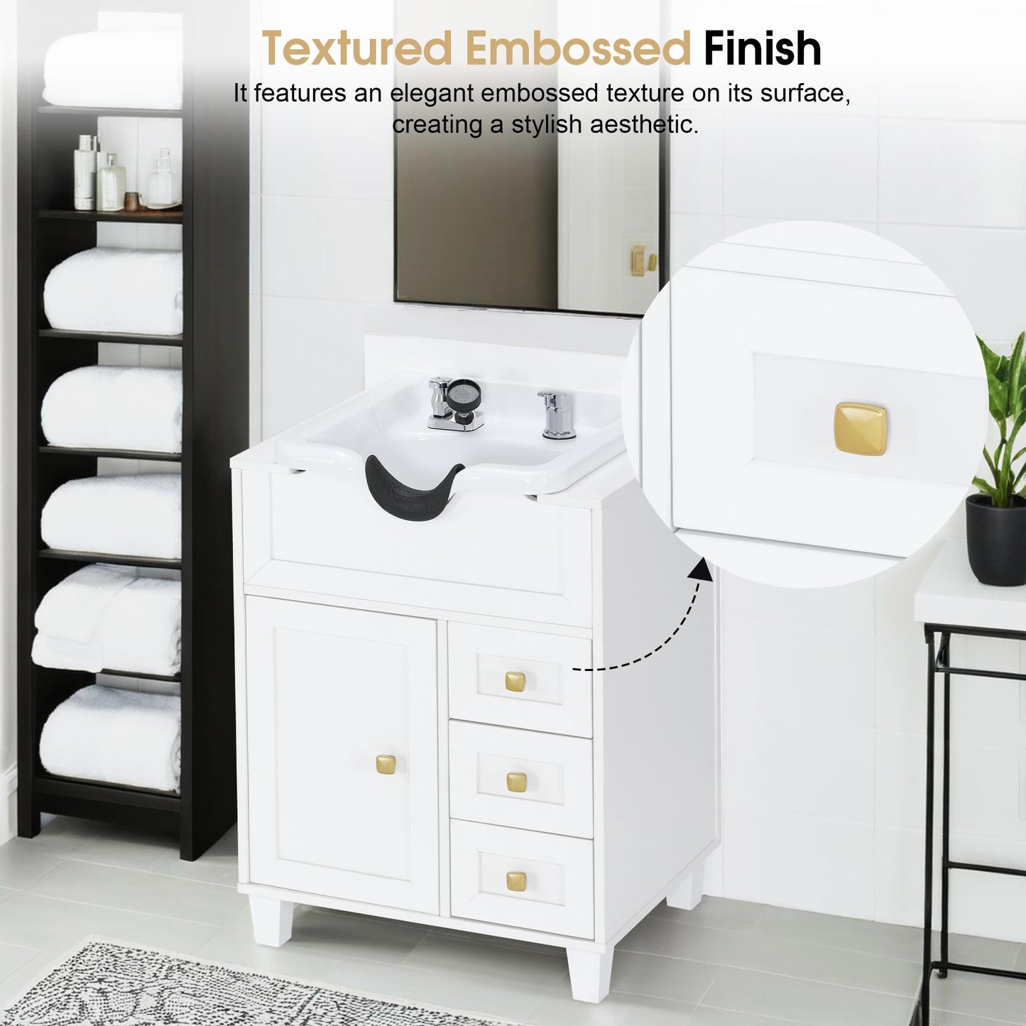 BarberPub Barber Storage Shampoo Station, Spa Textured Embossed Cabinet with Shampoo Bowl & Drawers, Hair Salon Sink Backwash Equipment 7131 (All White)