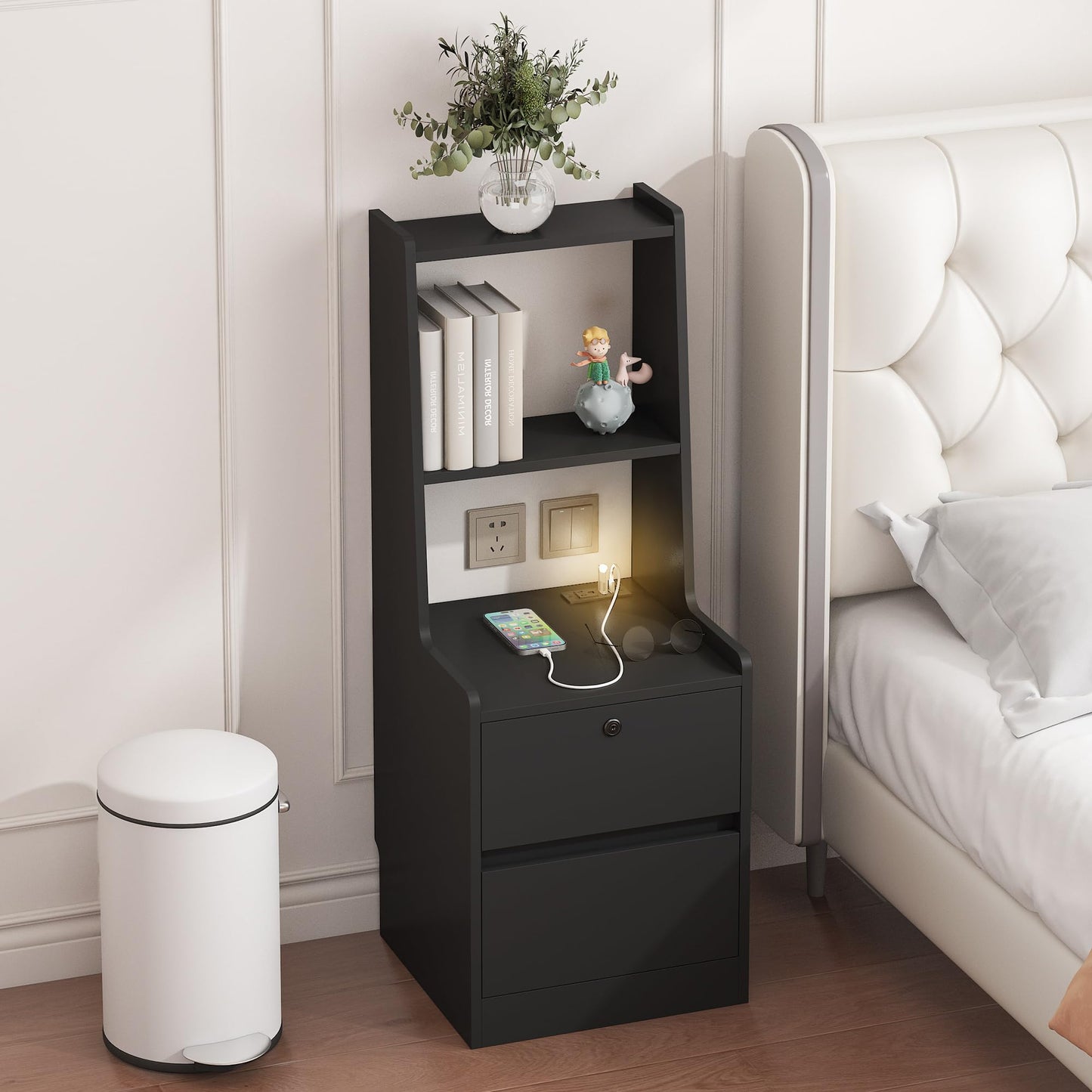 Black Nightstand with Charging Station & Night Light, Modern Black Bedside Table with Bookshelf & Storage Cabinet for Bedroom, 41InchTall Nightstand for Bedroom - W15.74 x D15.74 x H41.14