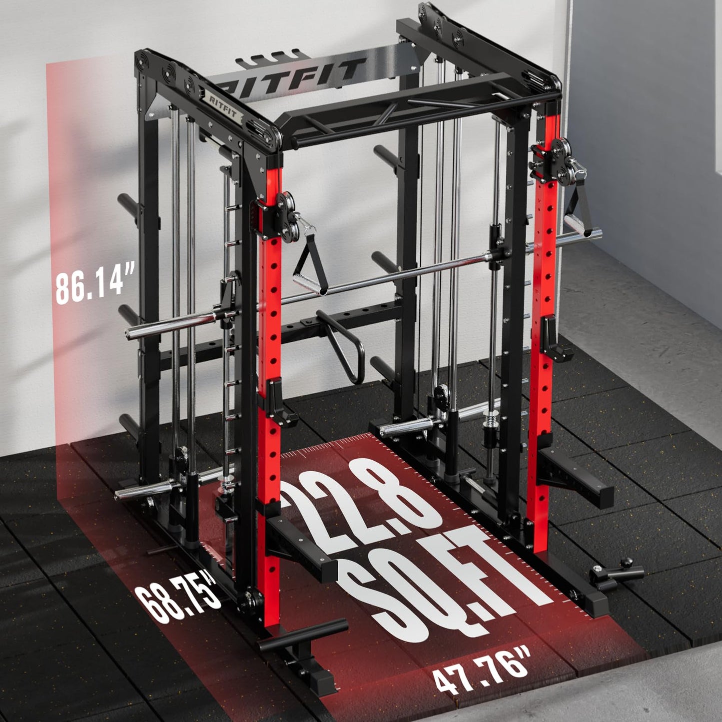 RitFit M2 Smith Machine with Cable Crossover System, 3D Functional Trainer & Power Cage, 16 Adjustment Holes, 6 Storage Pegs for Full-Body Home Gym(M2-3D Red)