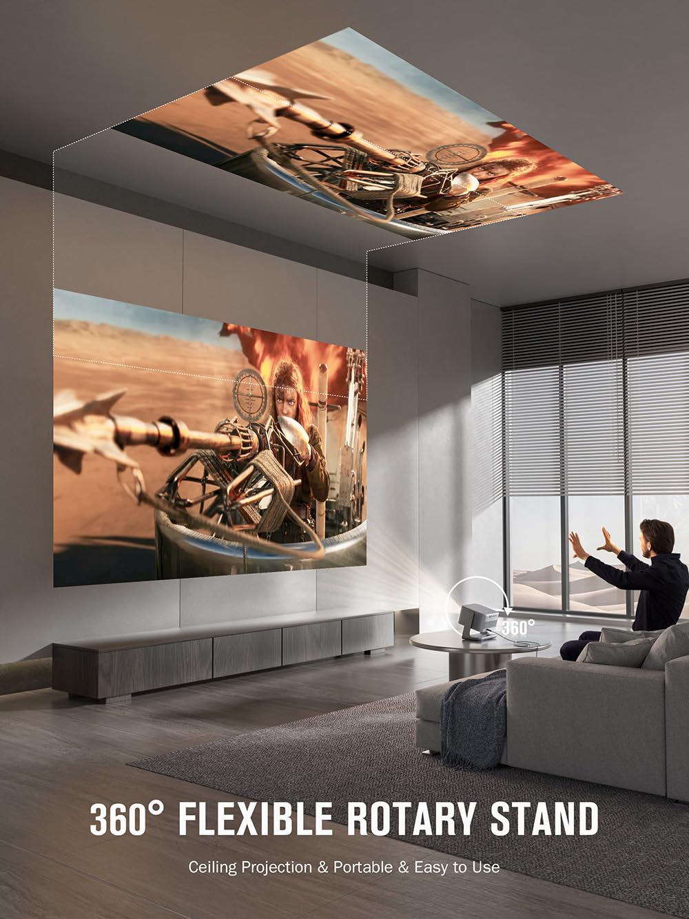 【3000ANSI & Officially-Licensed APP】Smart 4K Projector with WiFi and Bluetooth, VISSPL 3D Dolby Audio and Auto Focus Portable Outdoor Projector, Movie Home Theater Proyector with 360° Adjustable Stand