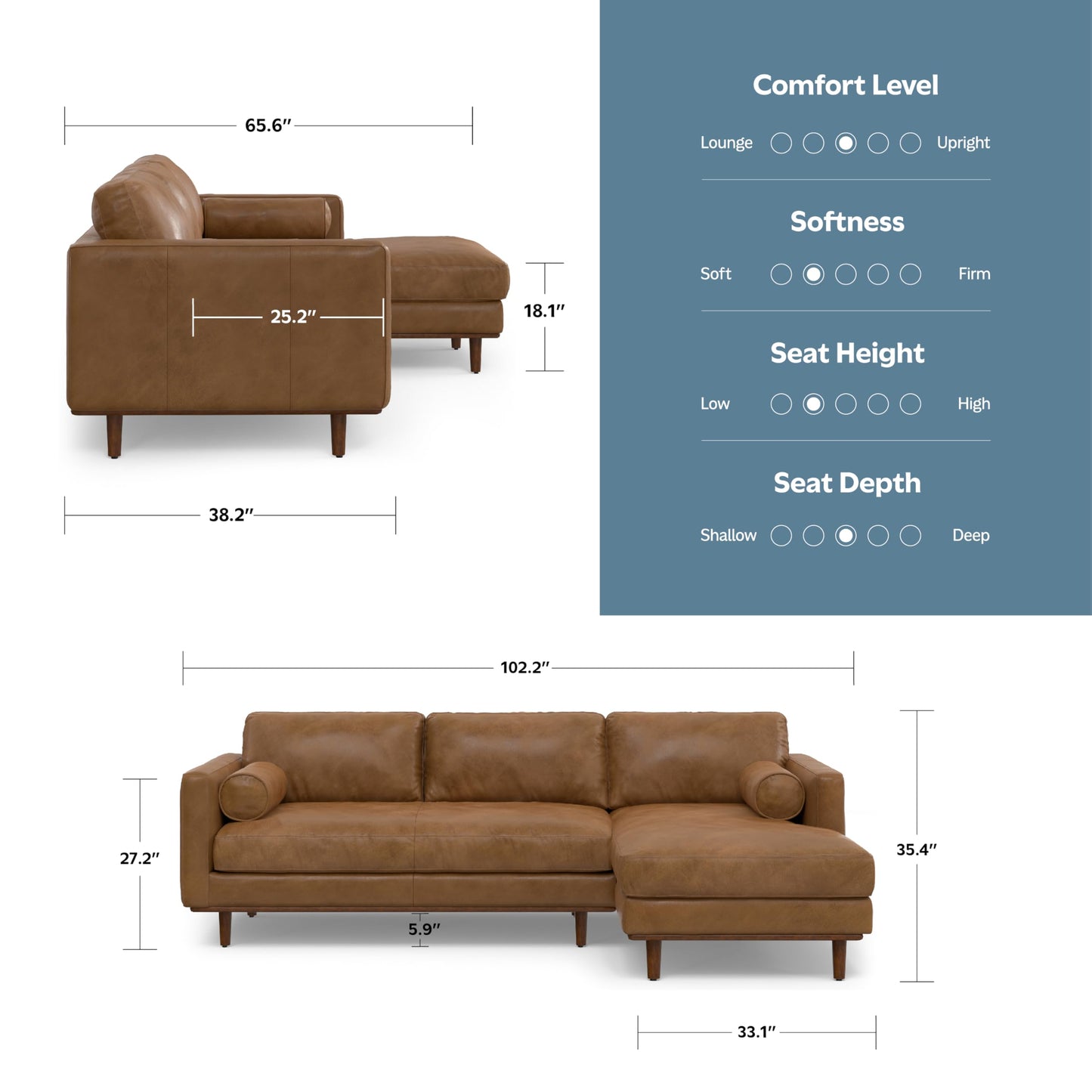 SIMPLIHOME Morrison Right Sectional Sofa in Full-Grain Genuine Leather, Caramel Brown, 102-inches Wide, L-Shaped Leather Couch with Right Chaise for the Living Room and Family Room