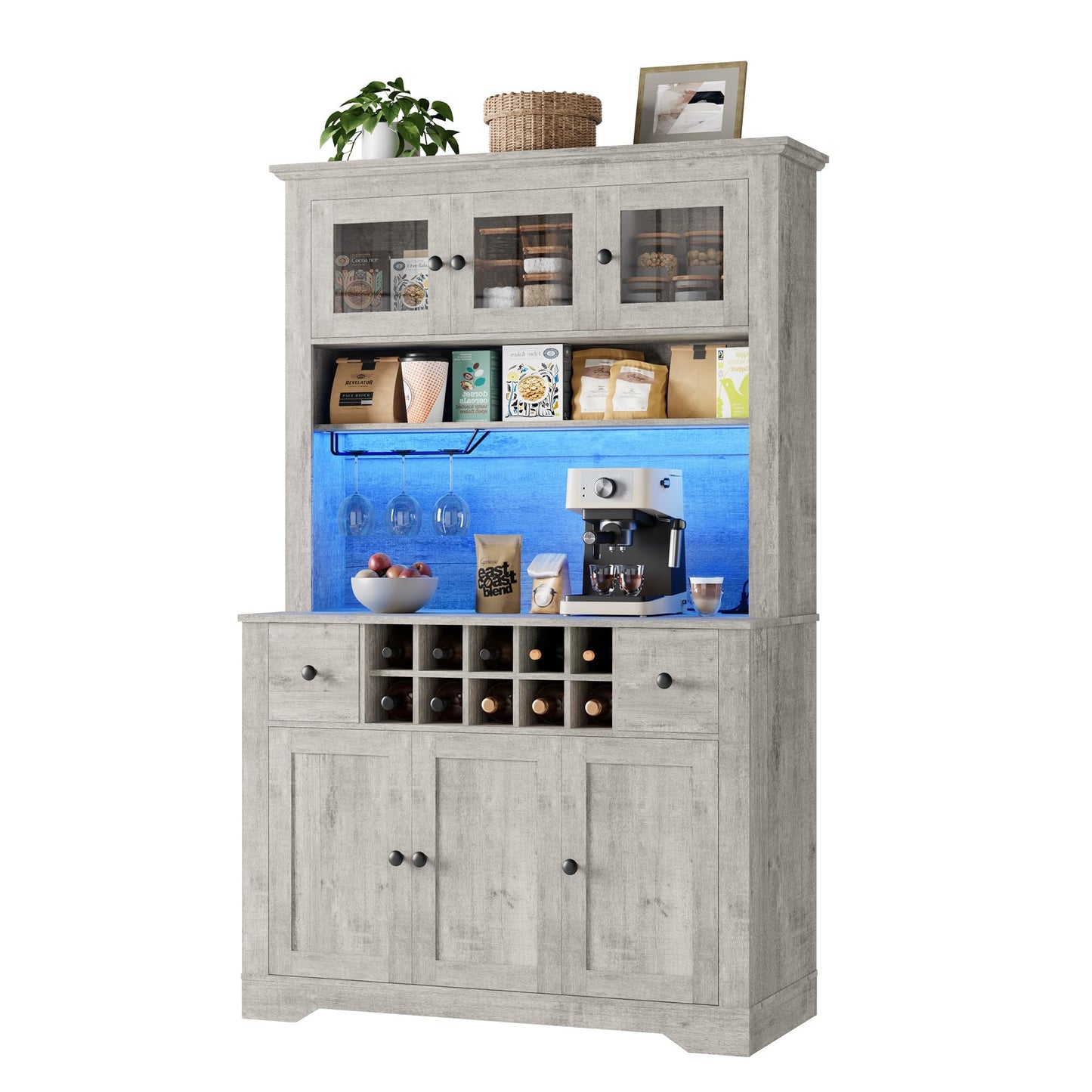 GarveeHome 68.7" Coffee Bar Cabinet with LED Light & Power Outlet, Farmhouse Kitchen Hutch with 2 Storage Drawers, Wine Glass Rack, Adjustable Shelves, Tall Pantry Cabinet for Dining Room, Living Room