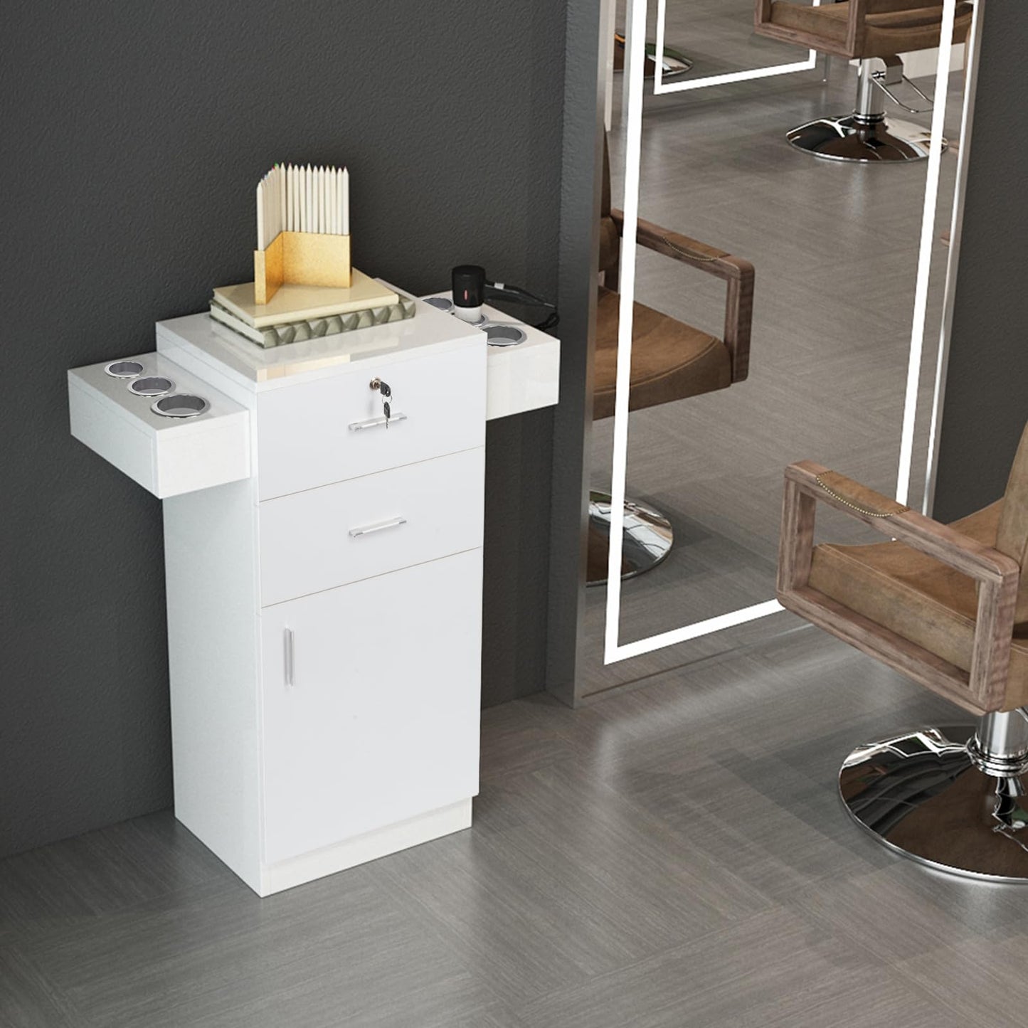 White Salon Cabinet, Storage Cabinet & Drawers, Stylist Barbershop Salon Locker Trolley Stations Beauty Salon Equipment, Portable Organizer Station for Barbershop Beauty Spa