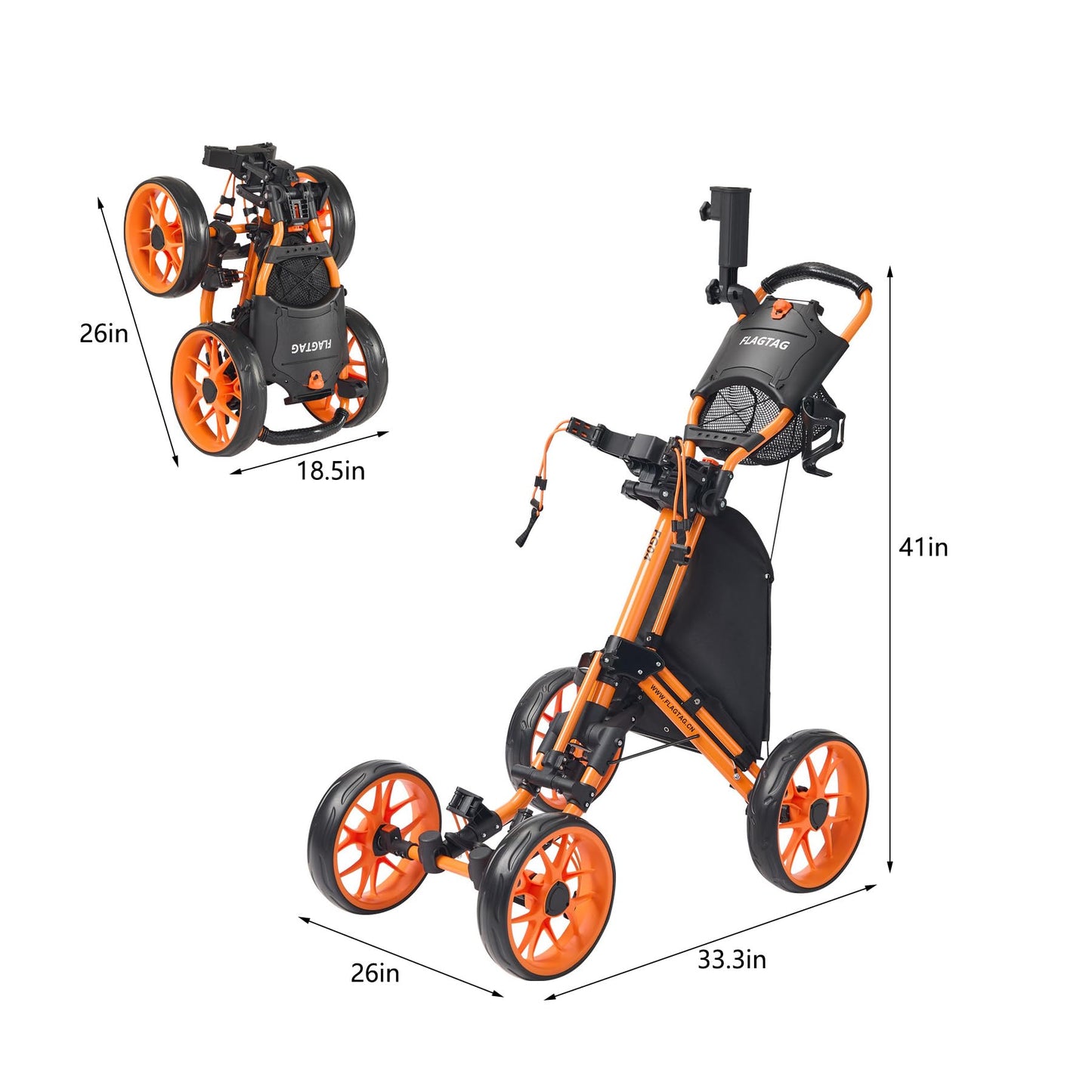 FLAGTAG Golf Push Cart 4-Wheels,Folding Golf Cart, Golf Pull cart with Cup Holder,Umbrella Holder,Cooler Bag, Foldable with one-Click,Handle Height Adjustable,Drink Holder,Walking Push cart
