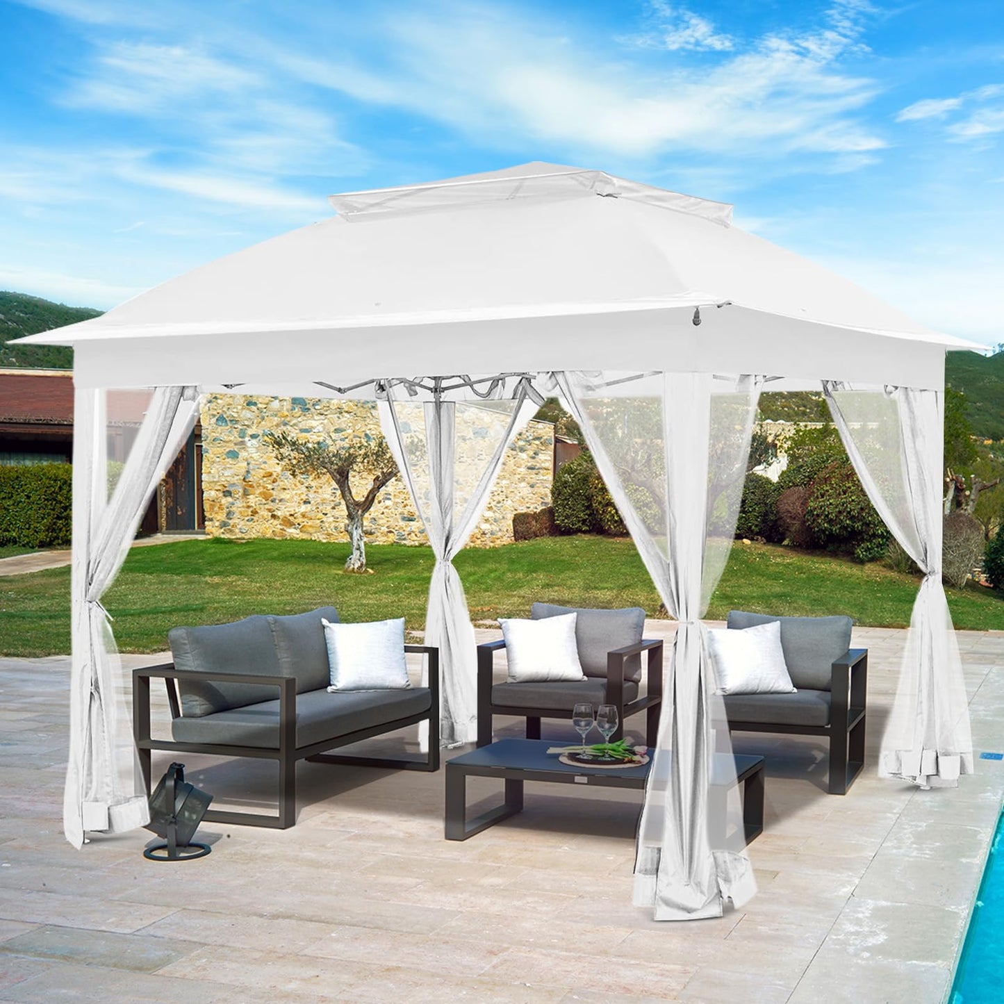 INTER HUT 11x11 Pop Up Gazebo Tent with Mesh Netting, Instant Outdoor Canopy with UPF 50+ UV Protection, Water Resistant, White