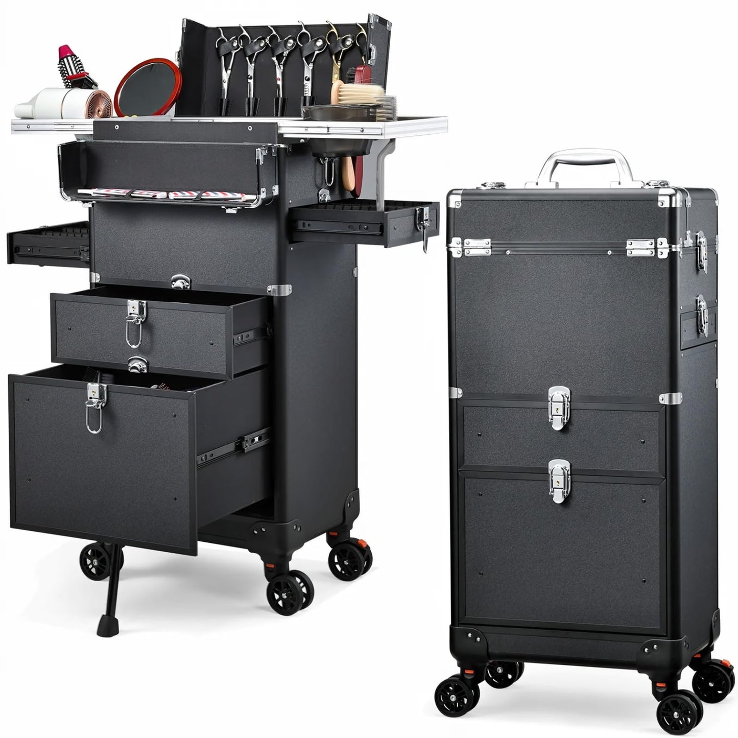 Yueieoun Salon Cart with 4 Drawers, Hair Stylist Cart with Wheels Portable Salon Station with Worktop Tray, Rolling Makeup Train Case Cosmetology Case for Barbering or Hairstyling Service