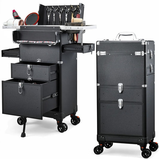 Yueieoun Salon Cart with 4 Drawers, Hair Stylist Cart with Wheels Portable Salon Station with Worktop Tray, Rolling Makeup Train Case Cosmetology Case for Barbering or Hairstyling Service