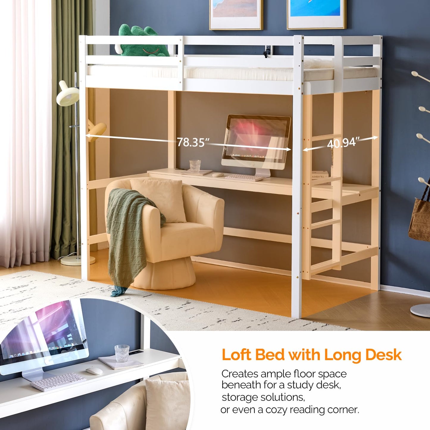 VINGLI Loft Bed with Desk, Wood Bunk Bed Twin Size with RGB LED for Adults, 2 Charging Station on High Guardrail and Desk,Wood Slat Support, White