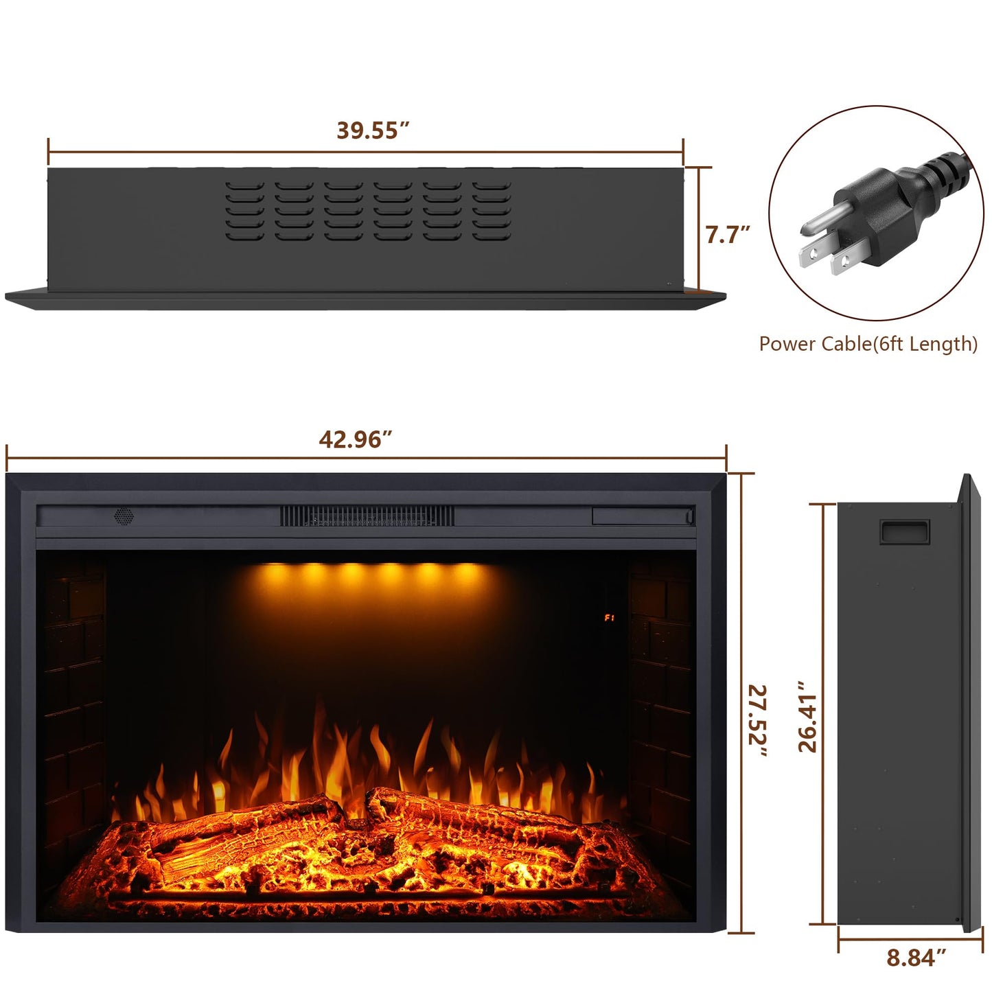 Valuxhome Electric Fireplace Heater Insert with Overheating Protection, Fire Crackling Sound, Remote Control, 750/1500W, Black, 43" L * 27" H