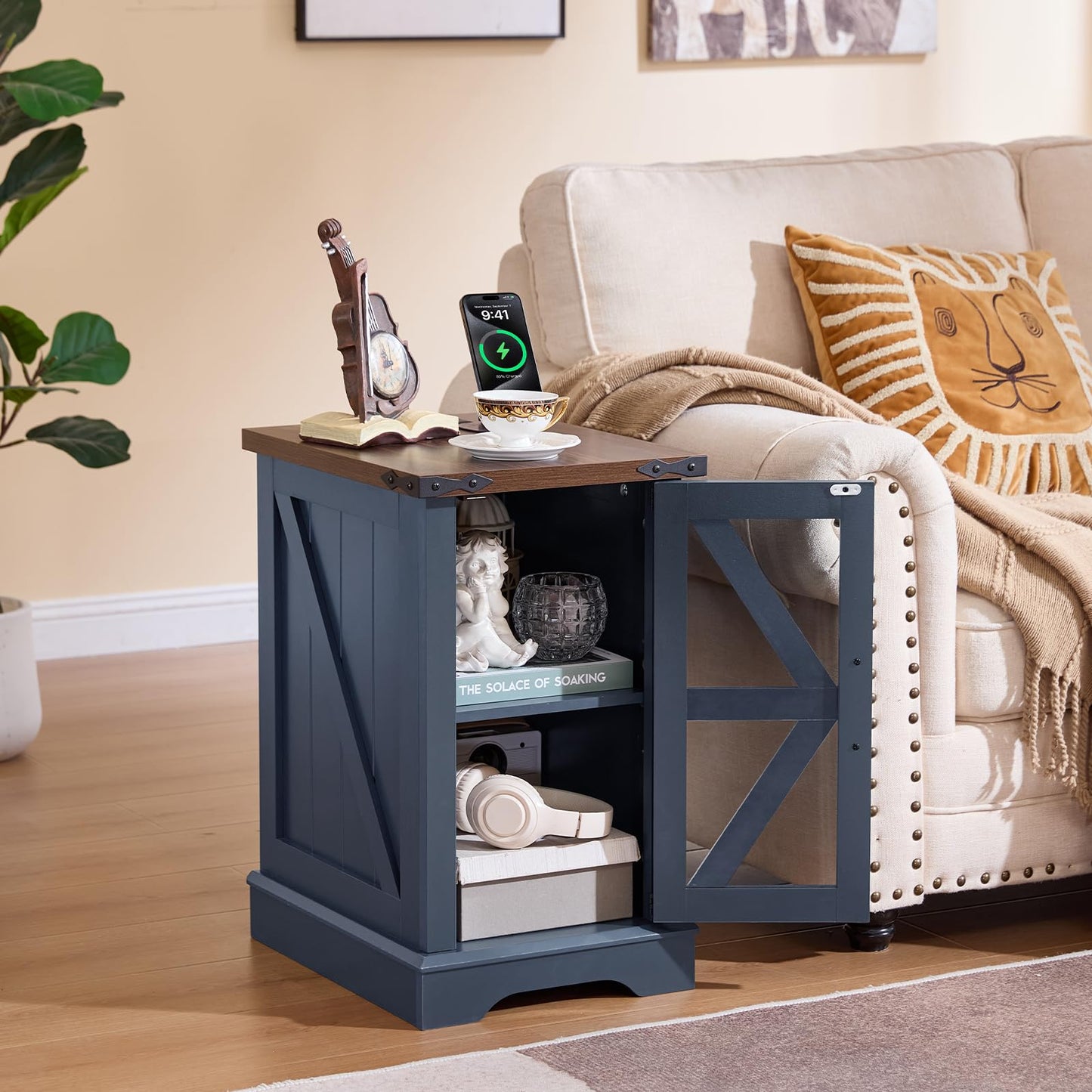 Joaxswe End Table Set 2 with Charger Station, Farmhouse 18'' Narrow Night Stand and 24" Square Side Table with Glass Barn Door Storage, Wood Nightstand Bedside Tables for Living Room Bedroom