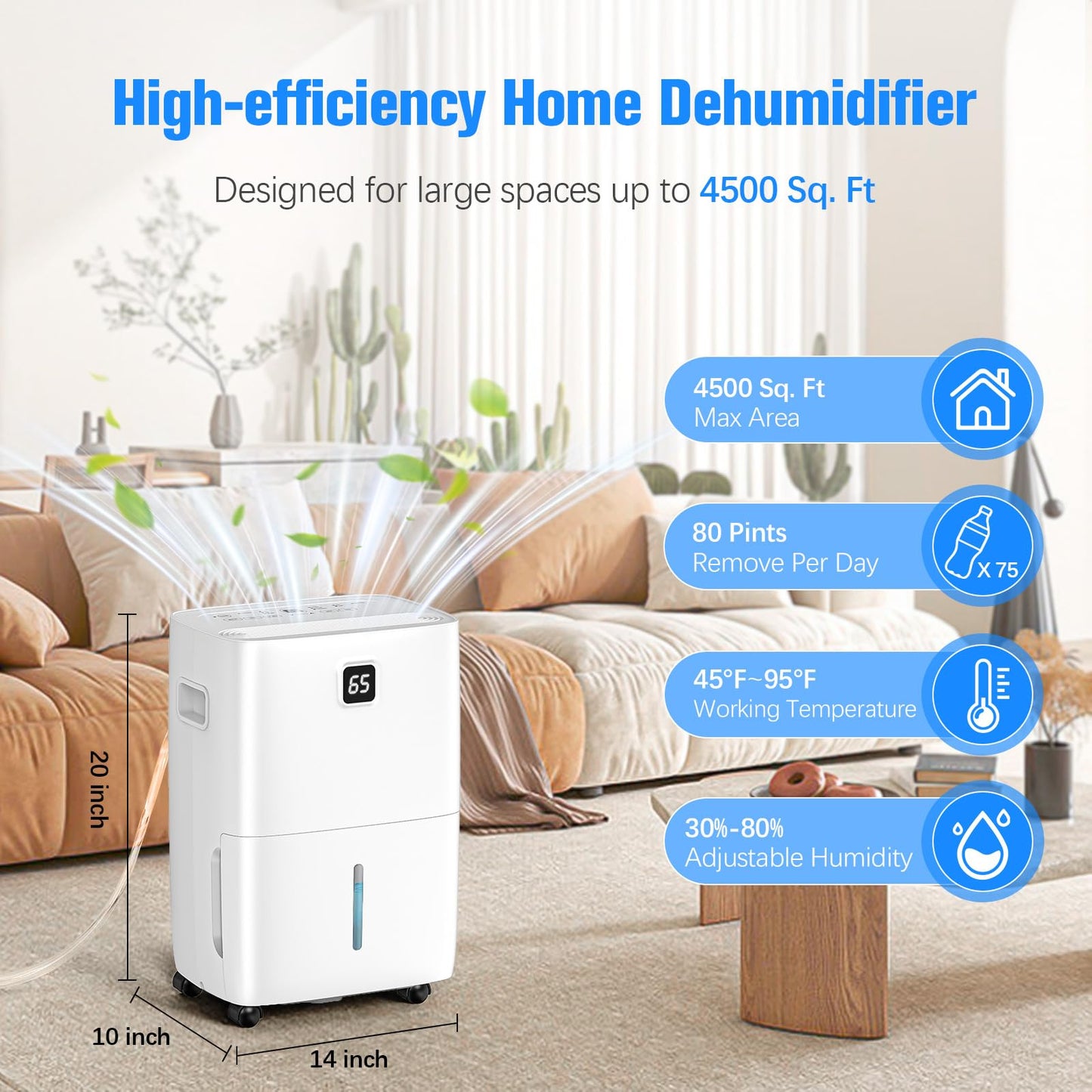 DEVERSE Max 80 Pints Energy Star Dehumidifier for Home/Bedroom/Basement, 5000 Sq.Ft Coverage, with Drain Hose, Smart Humidity Control & Large Tank