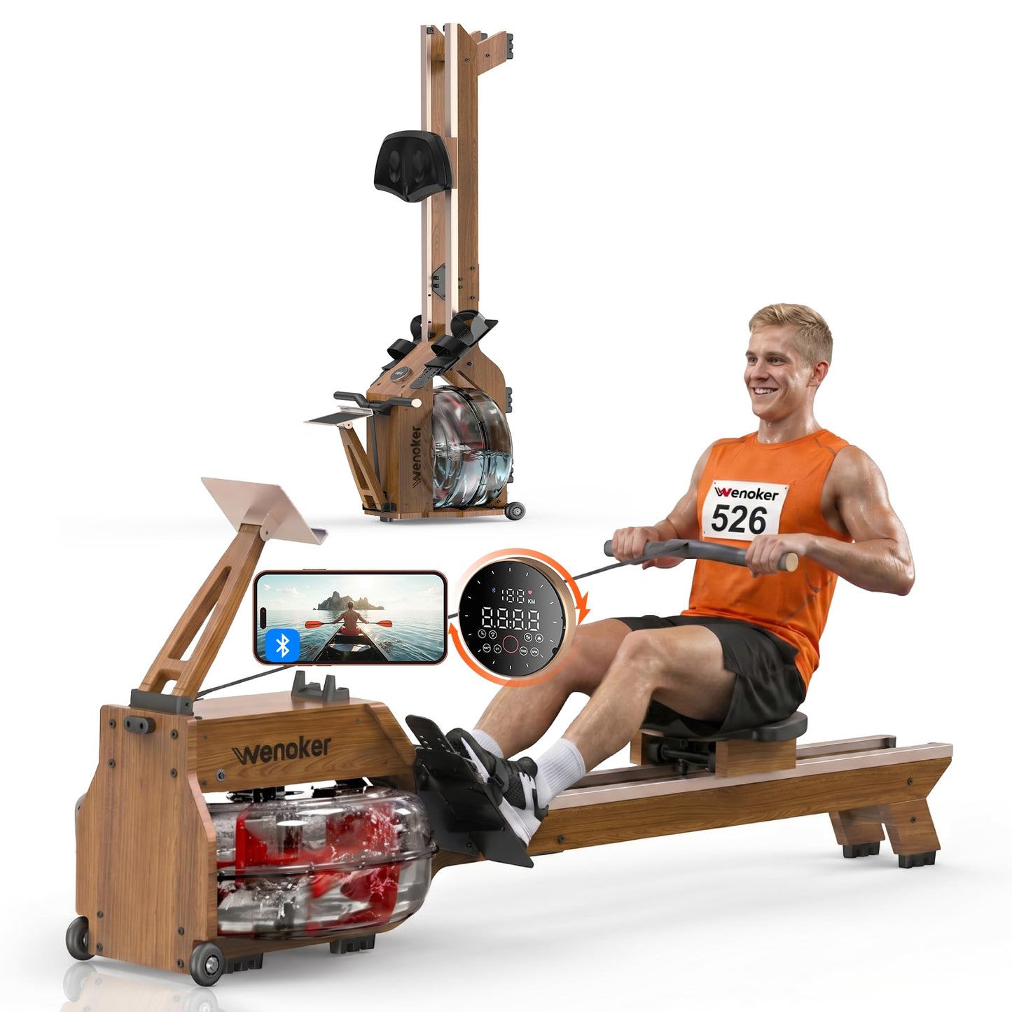 WENOKER Water Rowing Machines for Home Use, Water-Magnetic Dual Resistance Rower Machine with Smart Electronic Knob,Wooden Row Machine with Bluetooth App Compatible for Home Gym Exercise 400 LBS