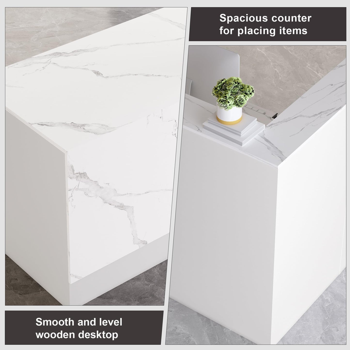 L-Shaped Reception Desk with Lockable Drawers, Adjustable File Cabinet & Keyboard Tray, Modern Front Counter for Office, Salon, or Lobby (Right-L Marble White/White, 86.6''L x 23.6''W x 41.3''H)