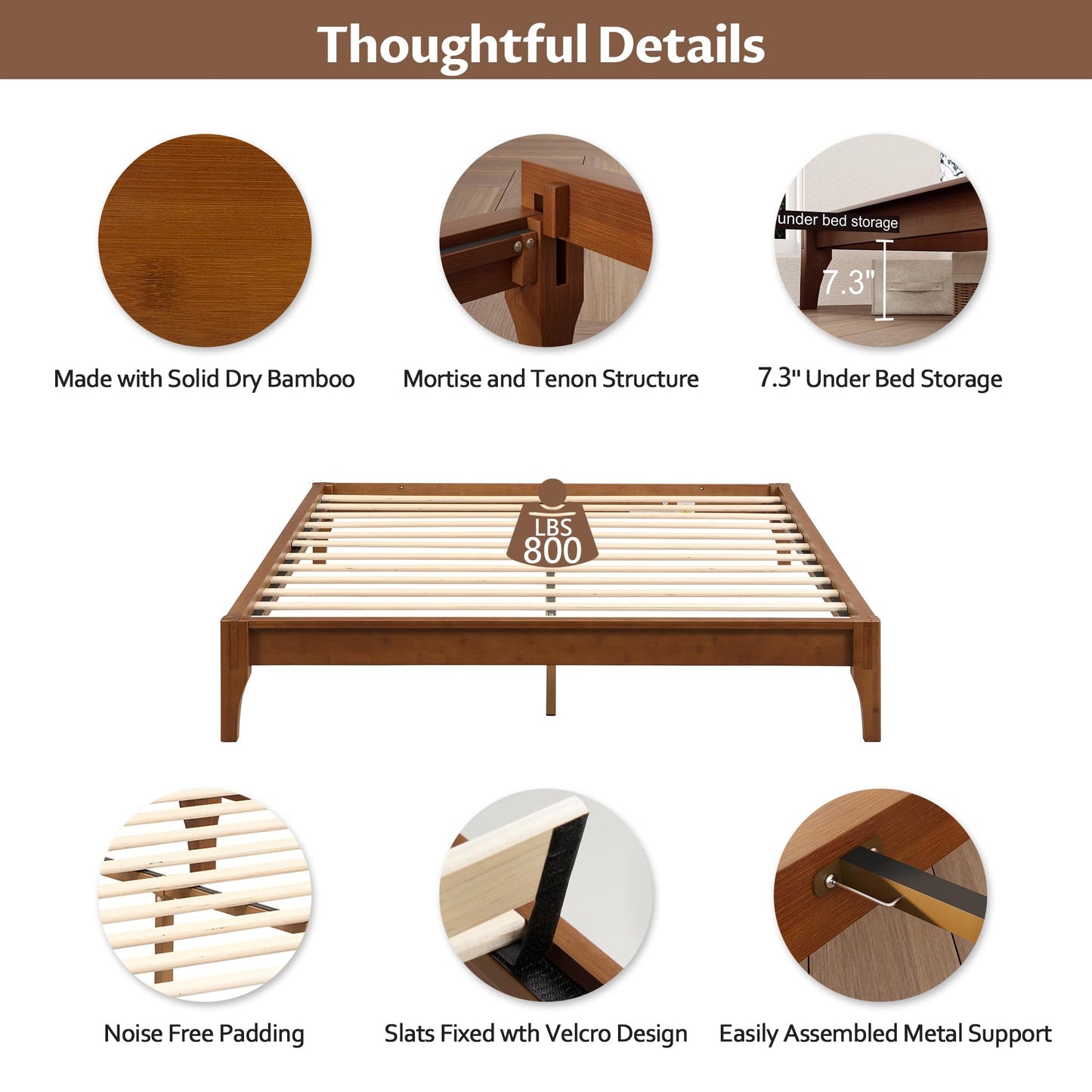 Merax King Size Bamboo Platform Bed, Mid-Century Modern Bed Frame with Wood Slat Support, No Box Spring Needed, Easy Tool-Free Assembly, Brown