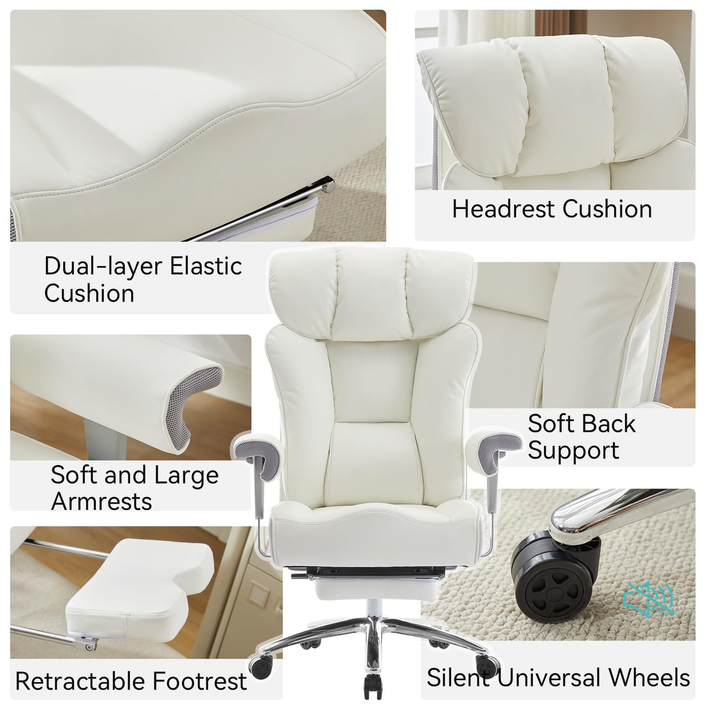 Efomao Big and Tall Office Chair with Footrest, 450lbs High Back Executive Chair with Spring Cushion, PU Leather Upholstery, Padded Armrests, Swivel Base, and Rolling Wheels – White Computer Chair