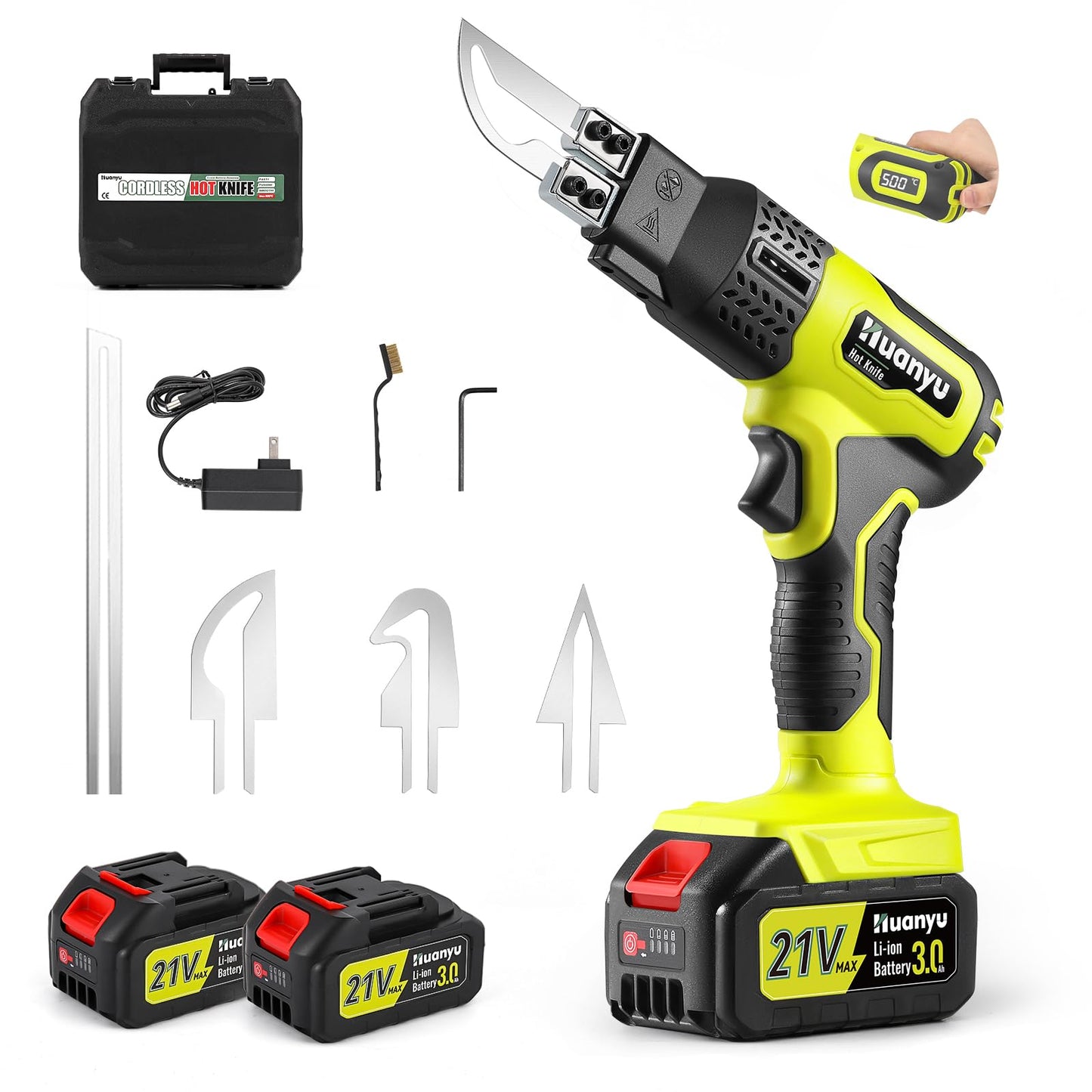 Huanyu Cordless Hot Knife with Temp. Display 100W Max 500℃ 3.0Ah Battery Powered Air Cooling Cutting Tool 4 Blades Set Electric Hot Knife Foam Cutting Tool Craft Shears for Rope, Fabric, Acrylic