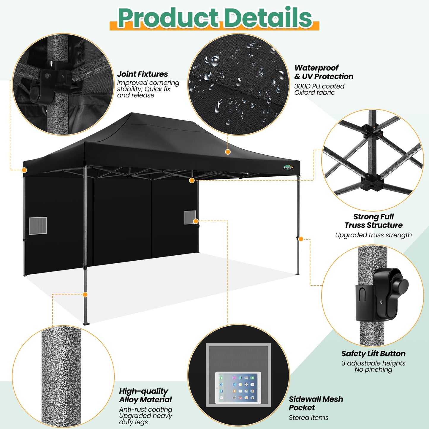 COBIZI 10x15 FT Heavy Duty Pop up Canopy with 4 Removable Sidewalls, Easy up Gazebo High Stability, All Weather Sunshade 100% Waterproof Outdoor Canopy Tents with Carry Bag, Black