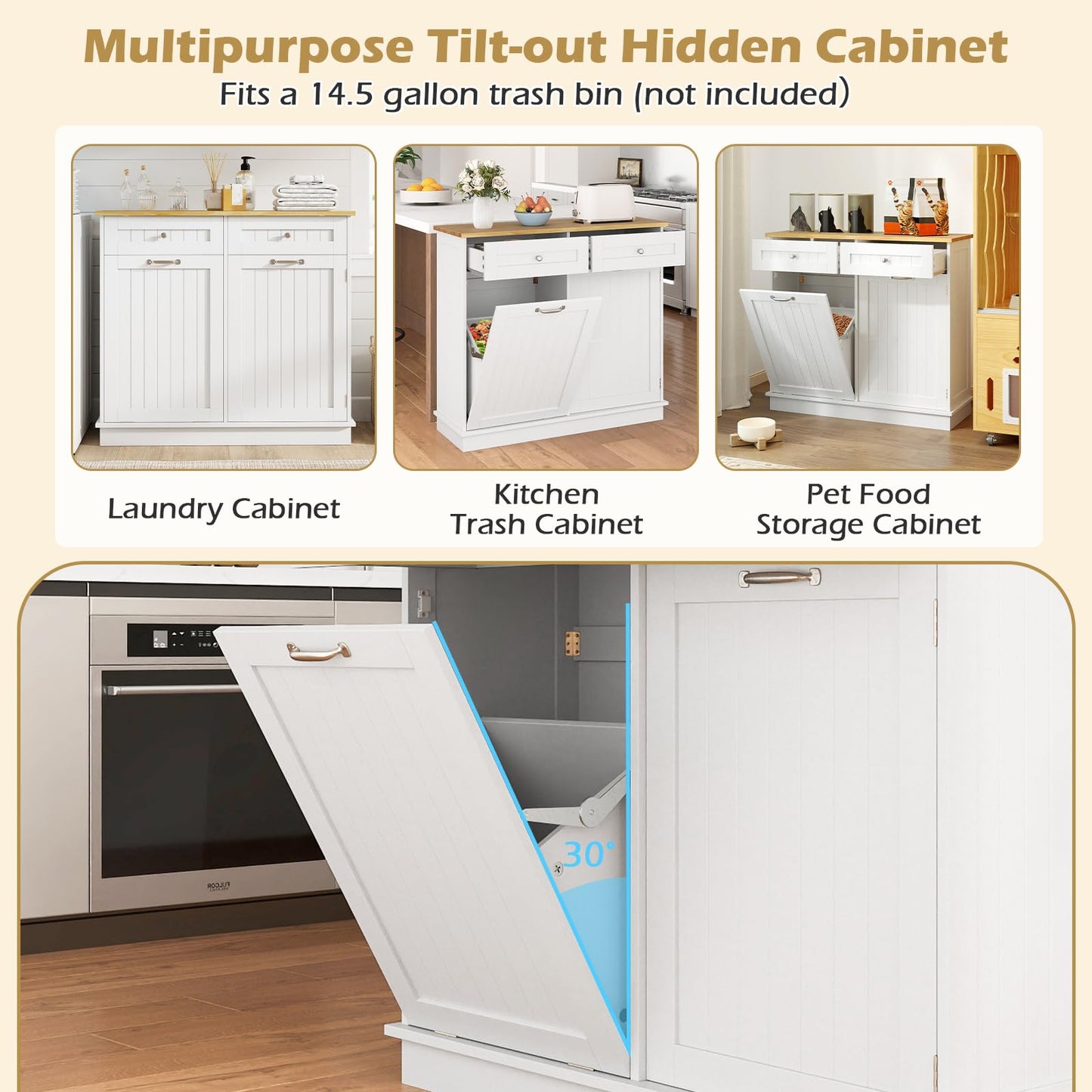 Giantex Tilt Out Trash Can Cabinet, Kitchen Island Table w/Solid Wood Top, 2 Drawers, Adjustable Shelf for Hidden Laundry Hamper, Pet Proof Garbage Can for Dining Living Room (White, 14.5 Gal)
