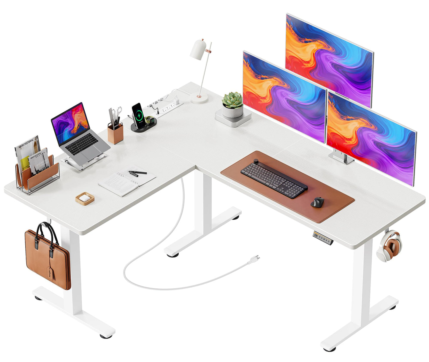 Huuger L Shaped Standing Desk with Power Outlets, 63 x 55 Inch Height Adjustable Computer Desk for Bedroom, Corner Stand up Desk for Home and Office, Work and Study, White