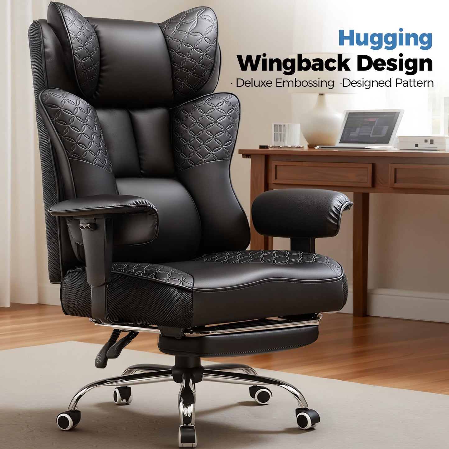 GTPLAYER Big and Tall Office Chair Wide Ergonomic Gaming Chair with Deluxe Embossing Designed Leather with Foot Rest,150°Reclining Adjustable Soft Armrests Pocket Spring Back Support and Pillow