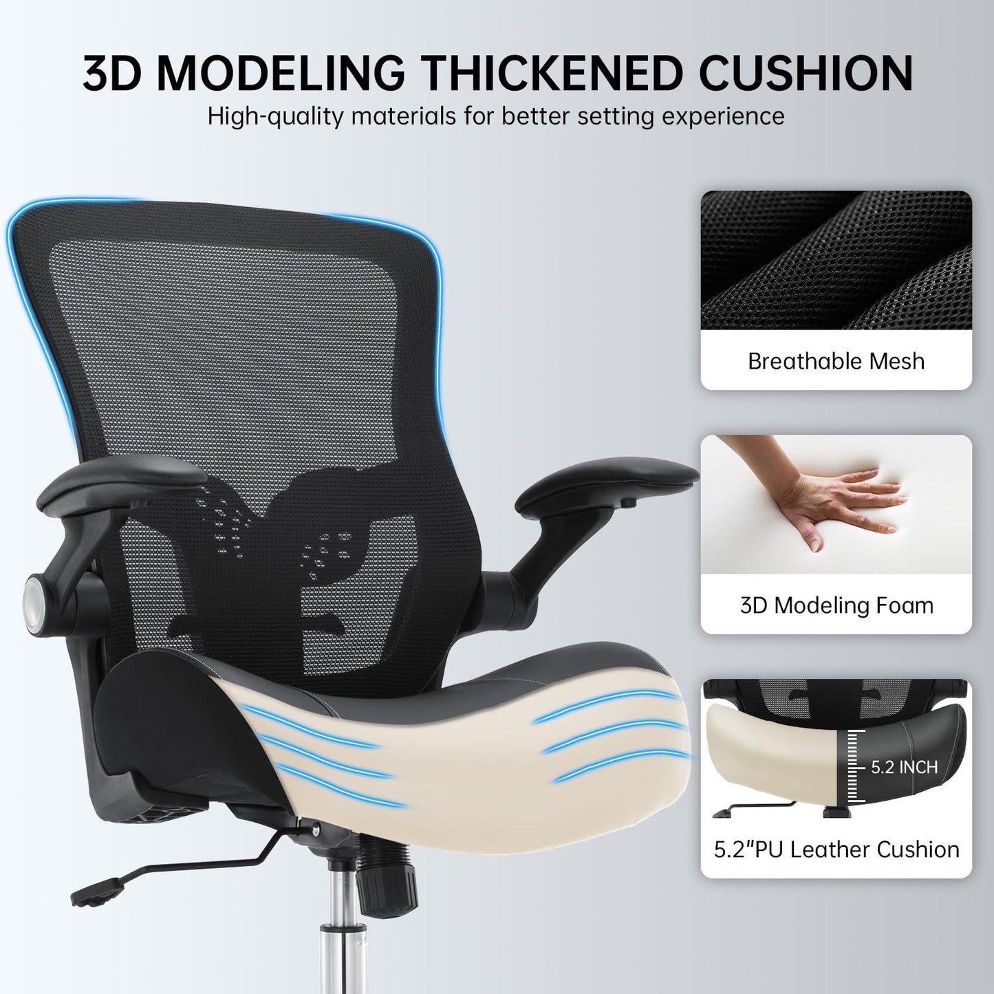 Big and Tall Office Chair 400lbs, Ergonomic Desk Chair with Wide 3D Modeling Foam Seat Cushion Heavy Duty Computer Chair with Adjustable Lumbar Support & Arms, Mesh Executive Chair for Home Office