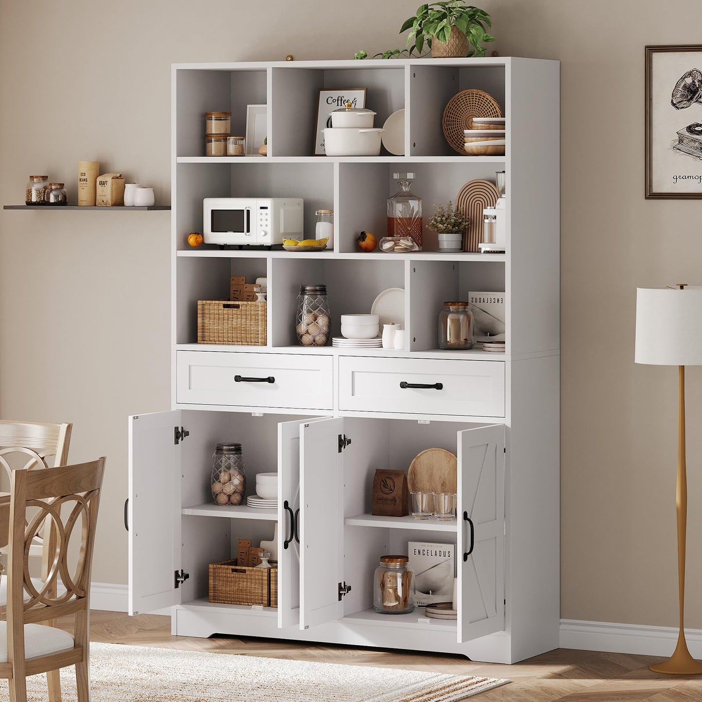 IDEALHOUSE 6 Tier Large Bookcase with Drawers & Doors, 71 Inch Tall Wood Bookshelf, Modern Display Cabinet Book Storage Organizer for Office Living Room Apartments