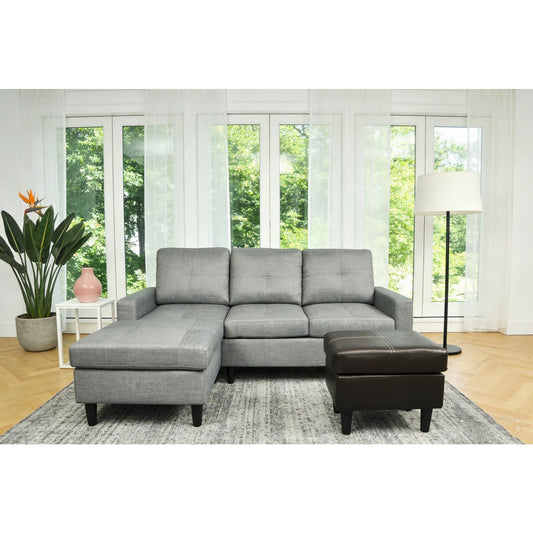 Trygoal 75 inch L-Shape Sofa with Storage Ottoman, Leather Sectional Couch with Right Chaise, Modern 3-Piece Sofa Set, Upholstered Couch Set with Solid Wood Frame for Apartment, Loft, Grey