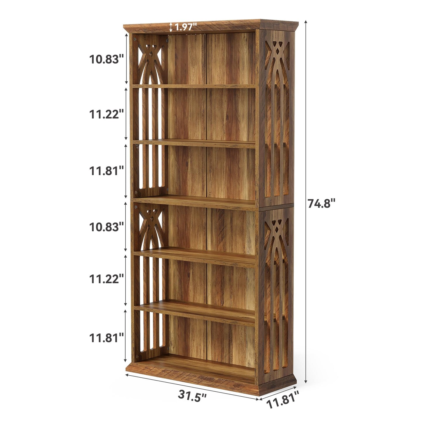 LITTLE TREE 6-Tier Bookcase, 75-Inch Farmhouse Bookshelves and Bookcases, Floor Standing 6 Shelf Wooden Display Storage Shelves Tall Bookcase for Home Office, Living Room, Bed Room, Brown