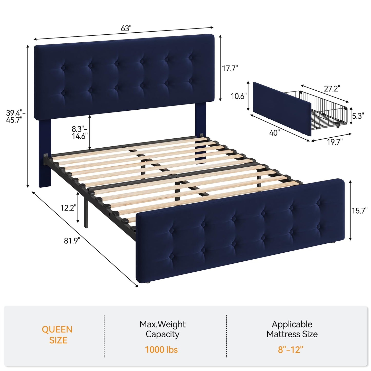 GAOMON Queen Size Bed Frame with 4 Drawers and Adjustable Headboard, Velvet Upholstered Platform Bed with Button Tufted Design, No Box Spring Needed, Strong Wooden Slats, Blue