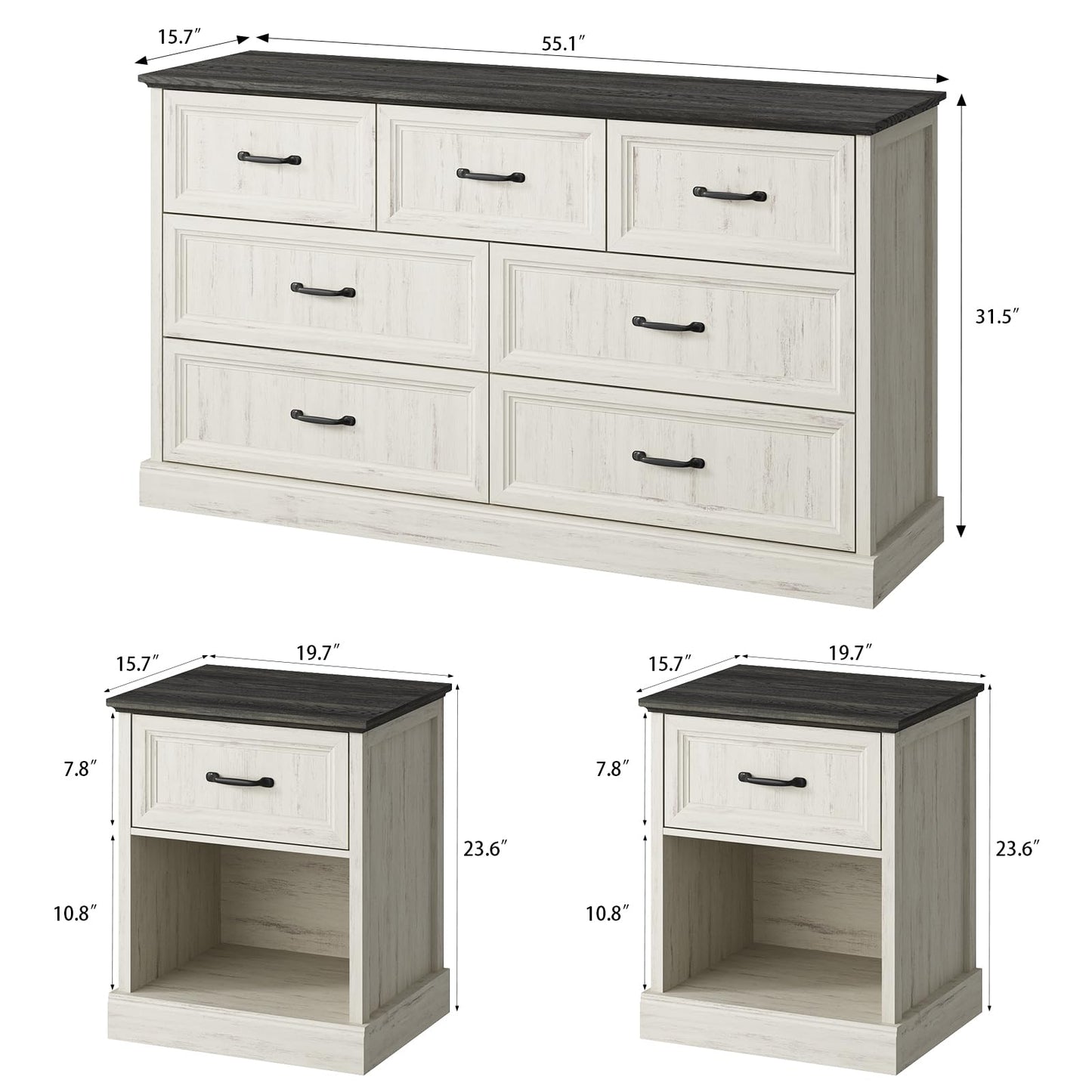CARPETNAL Farmhouse Dresser and Nightstand Sets for Bedroom, 3 Pcs Bedroom Set, 7 Drawer Dresser & Nightstand Set of 2, Modern Wood Chest of Drawers for Bedroom, Living Room, Entryway, White
