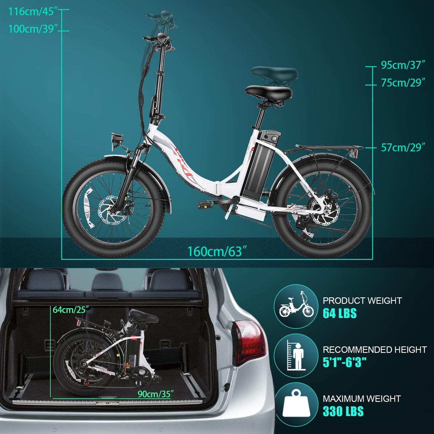 Vivi MT20UL Foldable Electric Bike 20" x3.0 Fat Tire Electric Bike with 48V 499.2WH Removable Battery, 500W, Up to 50 Miles EBike, 7-Speed, 19.8MPH, Cruise Control, SGS Certified to UL2849