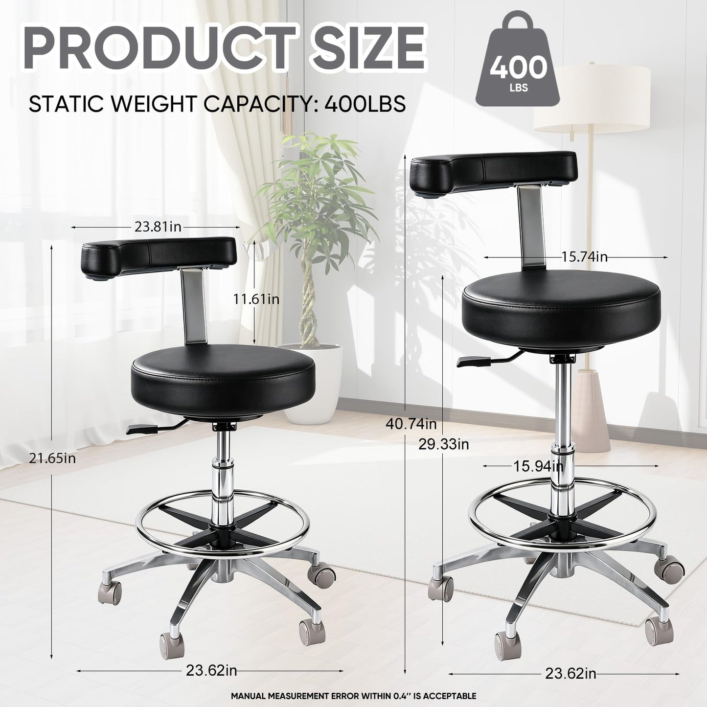 Rolling Stool with Back Support | Heavy Duty Stool 400lbs,2-in-1 Armrest Backrest Adjustable Height Swivel Chair,PU Leather Ergonomic for Dentist Hygienist Tattoo Artist Salon Lab Home Office-black