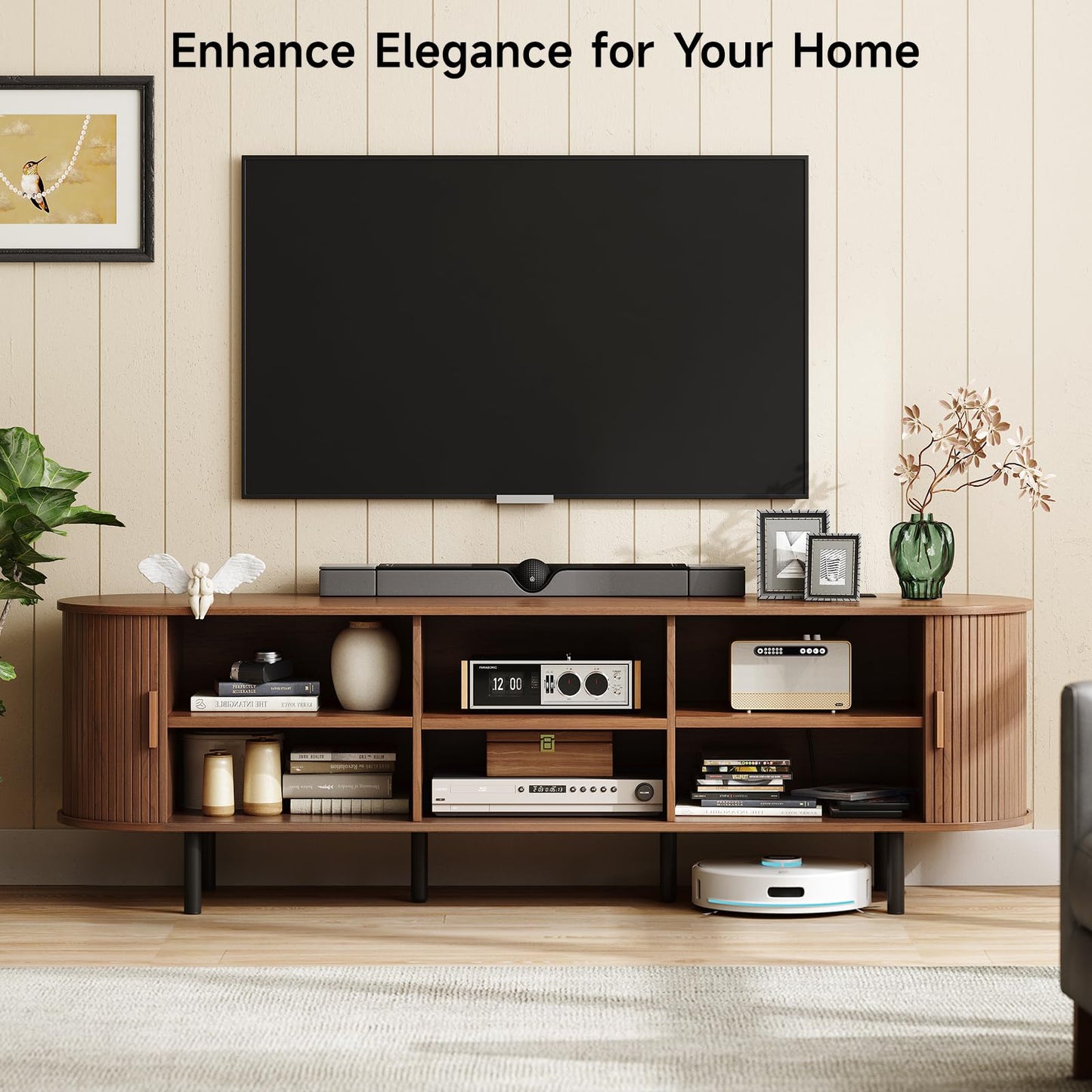 ONBRILL 70.8" TV Stand with Power Outlet for TVs up to 75 Inch, Entertainment Center with Storage and Adjustable Shelves, Modern Media Console with Sliding Doors for Living Room, Walnut