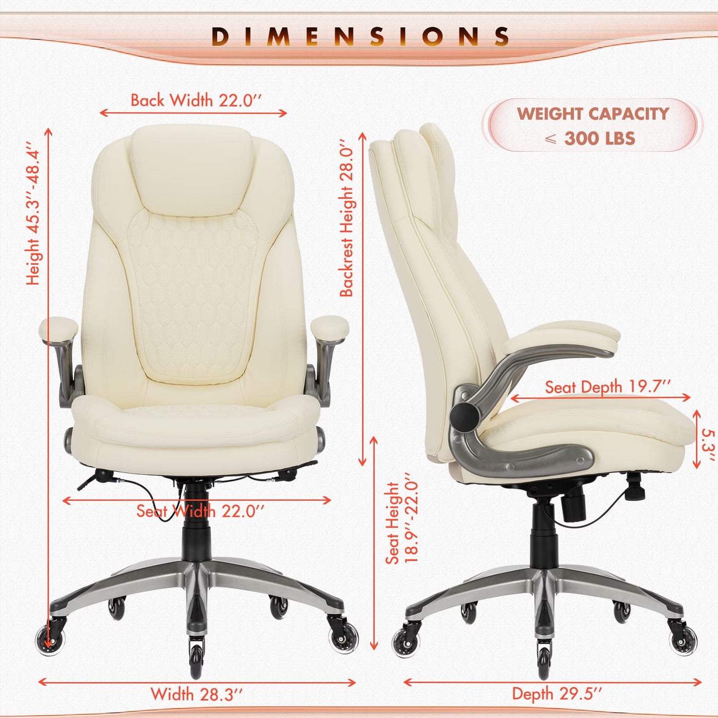 COLAMY Ergonomic High Back Office Chair, Ivory Bonded Leather Executive Desk Chair with Flip-up Arms, Thick Cushion, Silent Nylon Wheels, Adjustable Height & Rocking Function, 300lbs Capacity