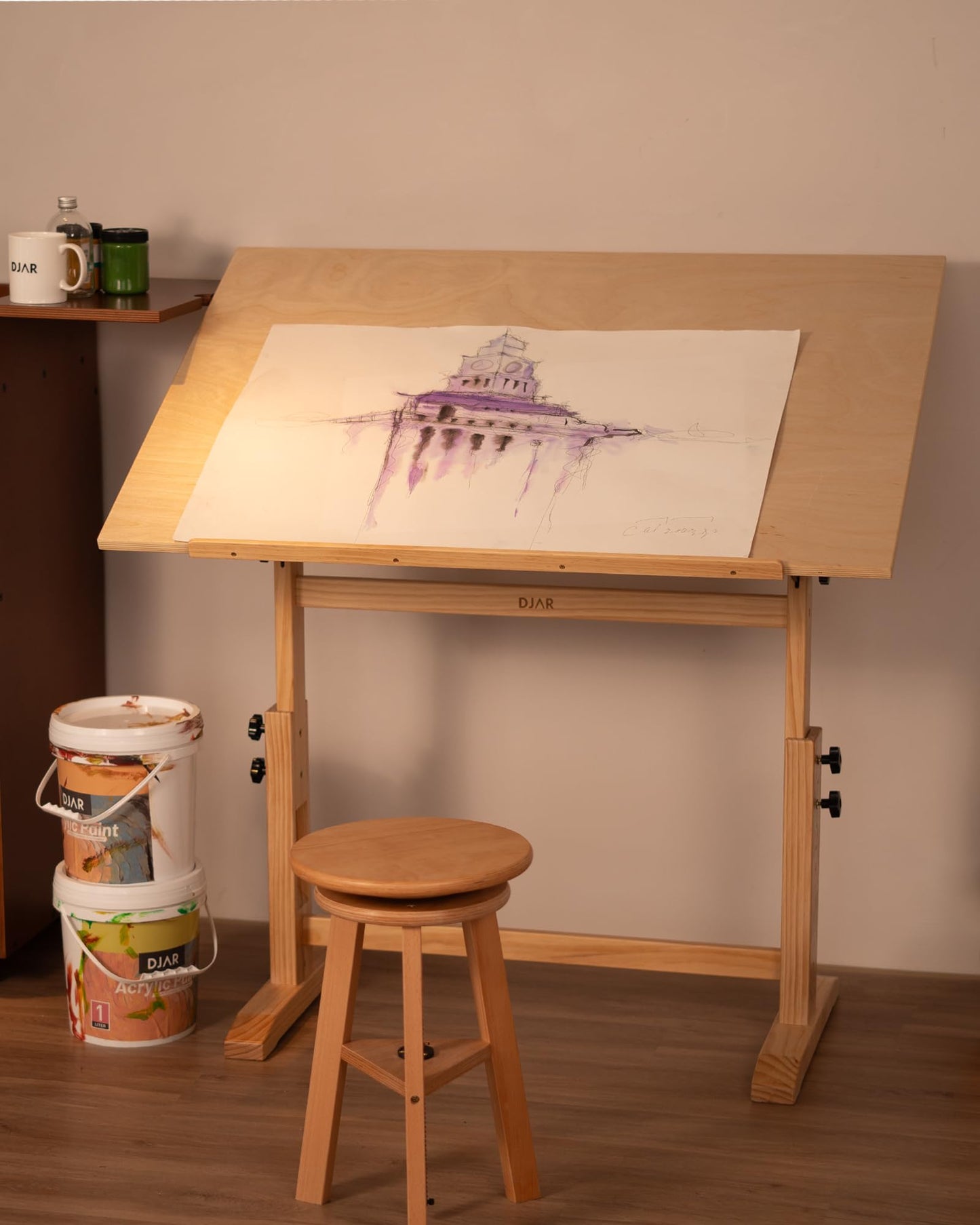 DJAR Adjustable Wooden Drawing Table, 42"x30" Artist Drafting Desk for Painting, Sketching, Writing, Natural