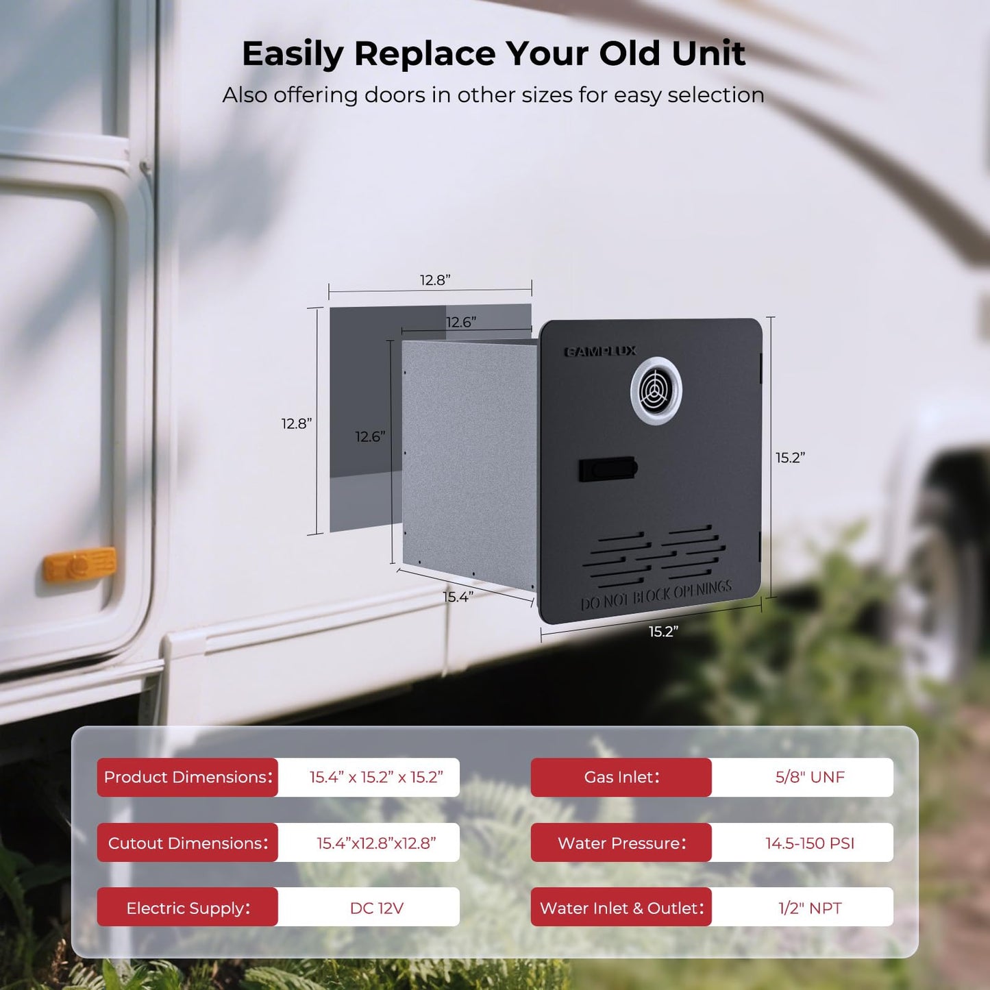CAMPLUX RV Tankless Water Heater, 65,000 BTU Hot Water Heater with Mixing Tank, 2.64GPM Black RV Water Heater with Door and Remote Controller, High Altitude Performance,CSA Certified