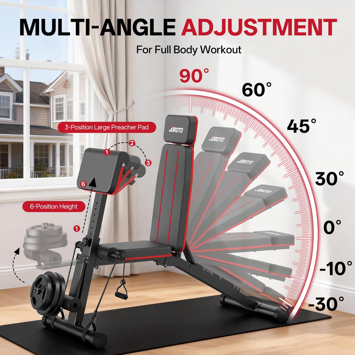 JOROTO Adjustable Weight Bench for Home Gym, 1000 LBS Foldable Incline Decline Flat Workout Bench with Leg Extension & Back Extension, Exercise Preacher Curl Bench for Full Body Training, Red MD55
