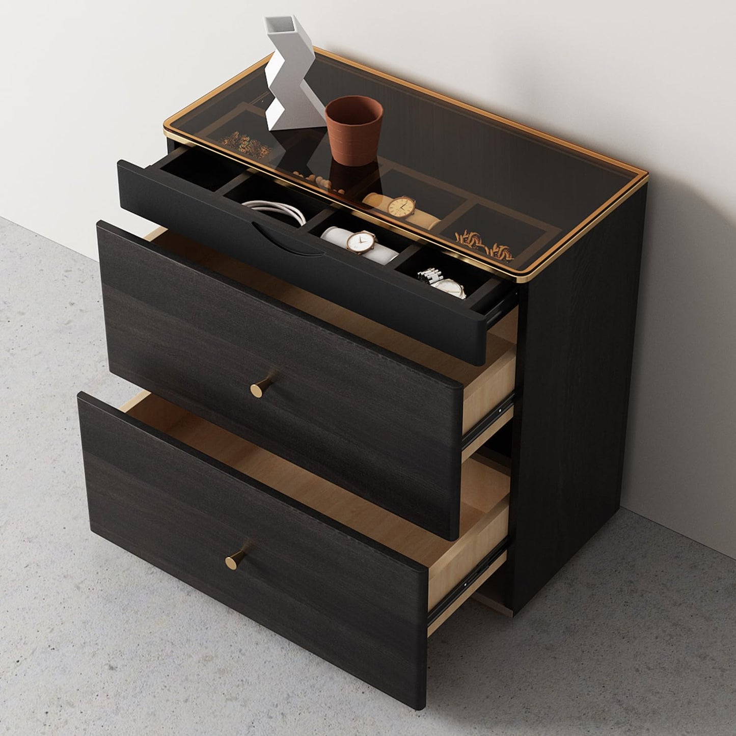Lartis Nightstand with Glass Top - Night Stand with Drawer No Installation Required - Black Storage Nightstand Compartmentalized Storage, Large Capacity Drawer Tempered Glass