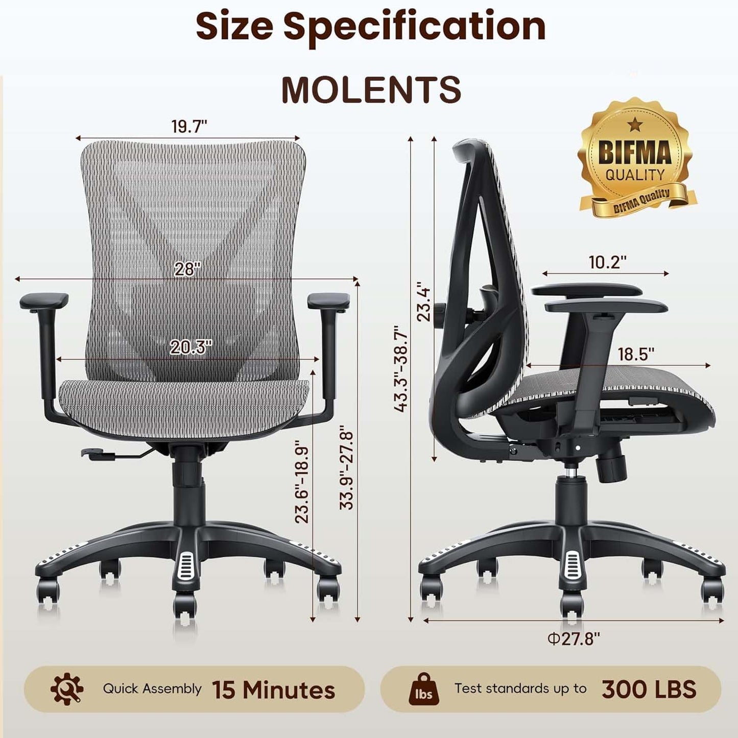 MOLENTS Ergonomic Office Chair, Mesh Computer Desk Chairs with Adjustable Lumbar Support, 3D Armrest, Tilt Function, Comfy Wide Seat, Executive Work Task Chair for Company & Home, Gaming Chair (Grey)